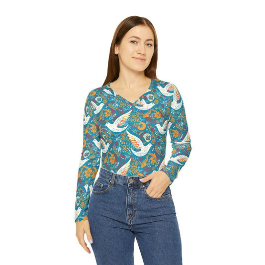 Peace Dove Women's Long Sleeve V-neck Shirt - Cottagecore Vintage Hippy Style Clothing