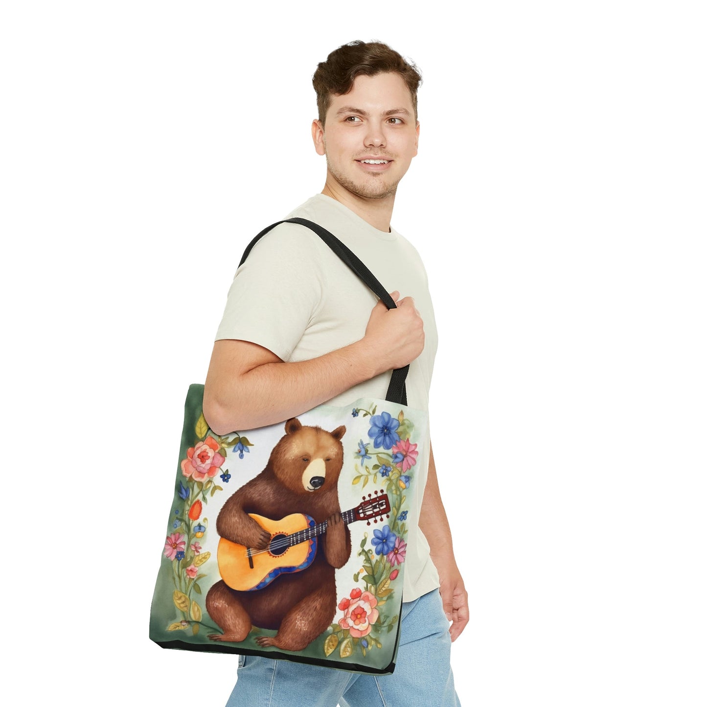 Bear Playing Guitar Rustic Folk Art Tote Bag - Cute Cottagecore Totebag Makes the Perfect Gift