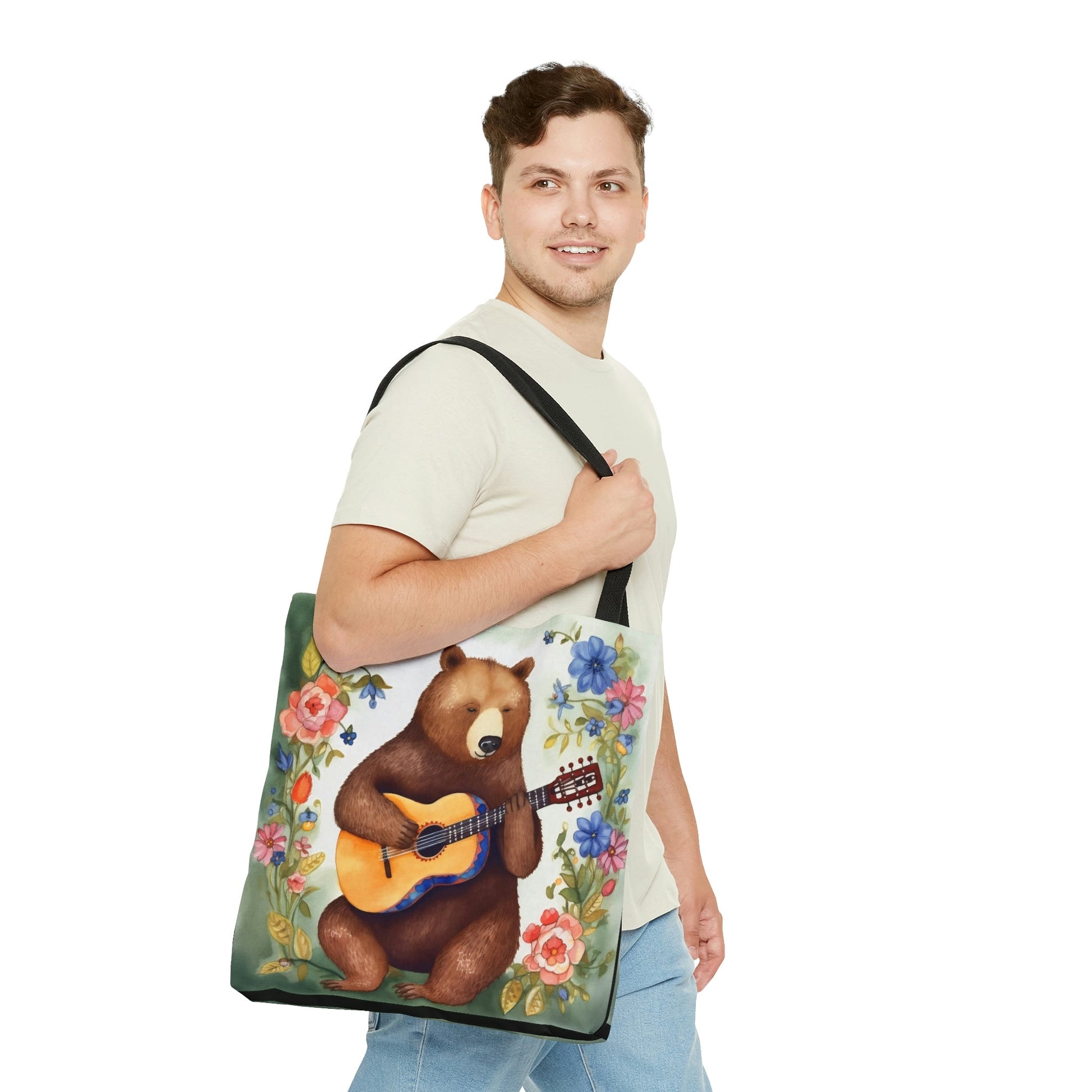 Bear Playing Guitar Rustic Folk Art Tote Bag - Cute Cottagecore Totebag Makes the Perfect Gift