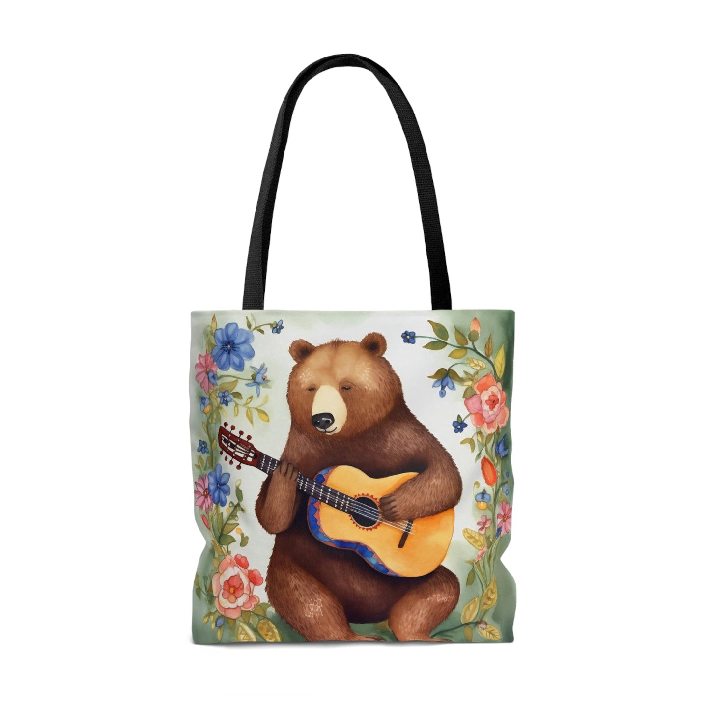 Bear Playing Guitar Rustic Folk Art Tote Bag - Cute Cottagecore Totebag Makes the Perfect Gift