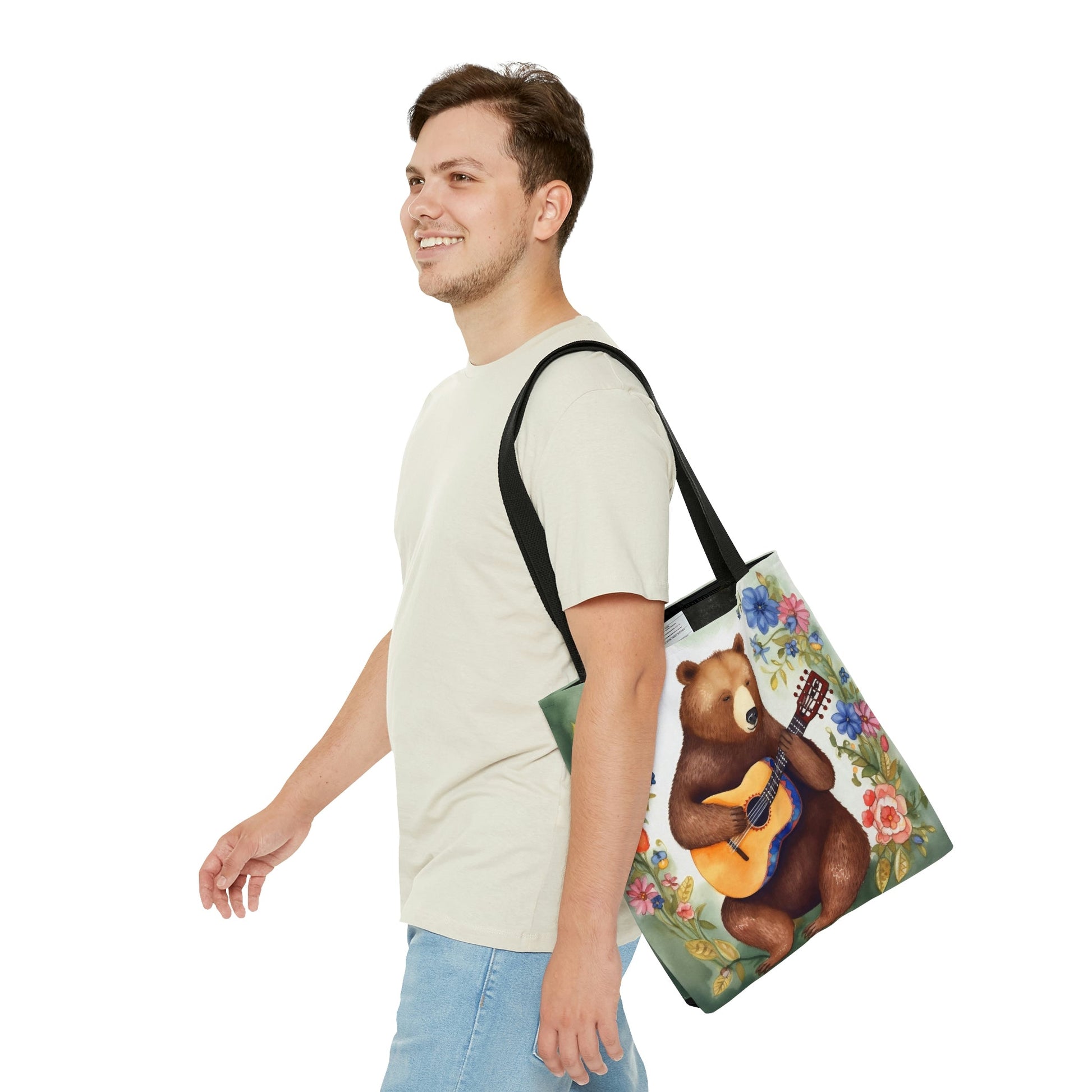 Bear Playing Guitar Rustic Folk Art Tote Bag - Cute Cottagecore Totebag Makes the Perfect Gift