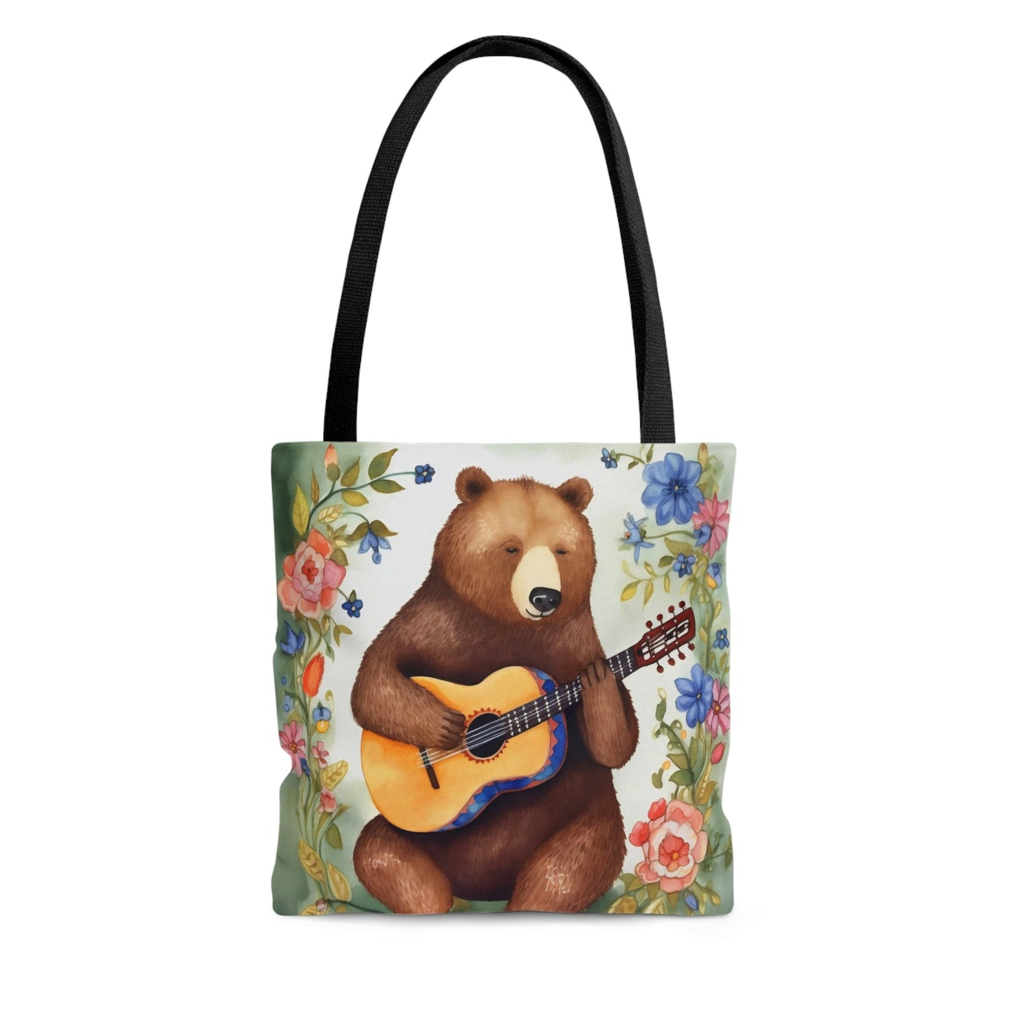 Bear Playing Guitar Rustic Folk Art Tote Bag - Cute Cottagecore Totebag Makes the Perfect Gift
