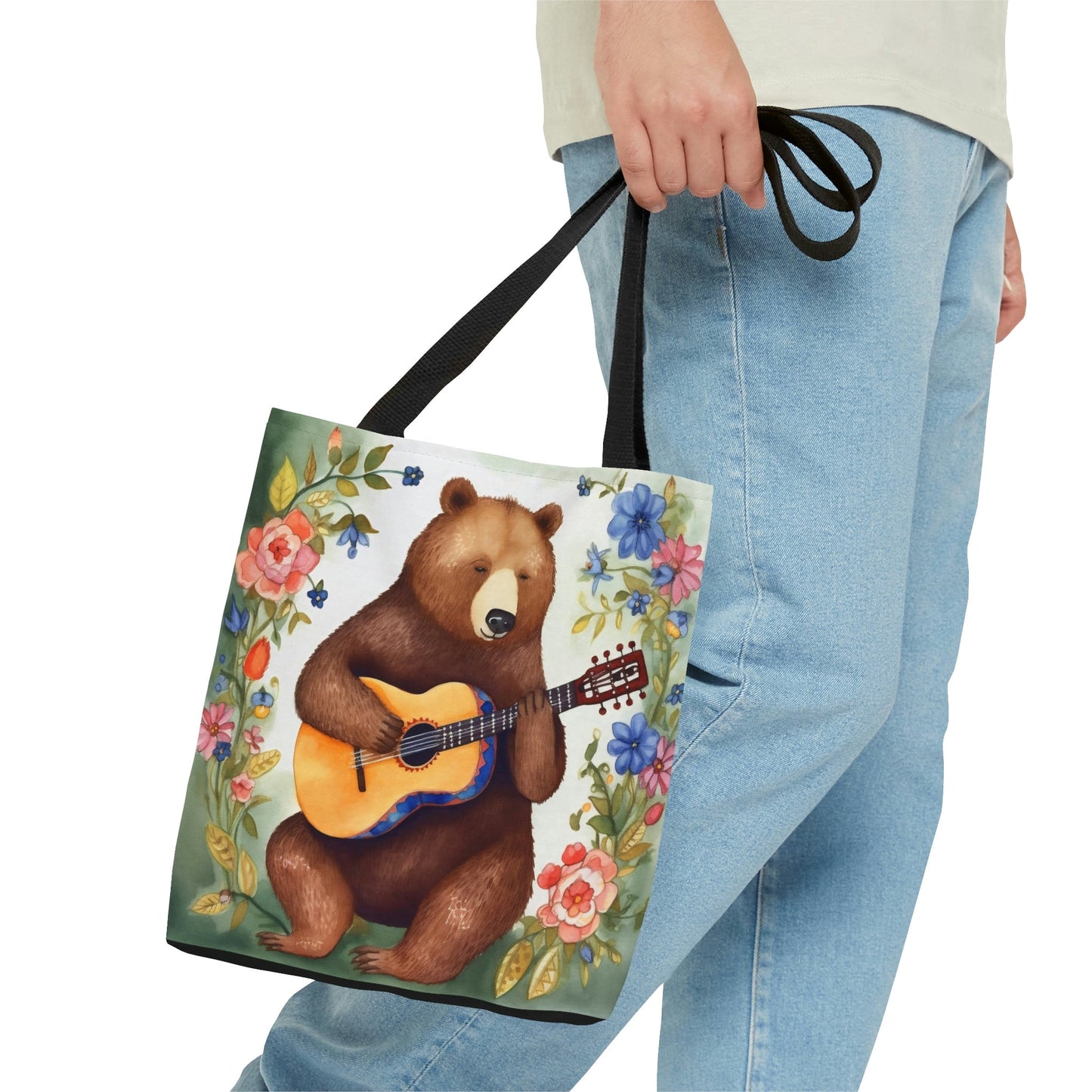 Bear Playing Guitar Rustic Folk Art Tote Bag - Cute Cottagecore Totebag Makes the Perfect Gift