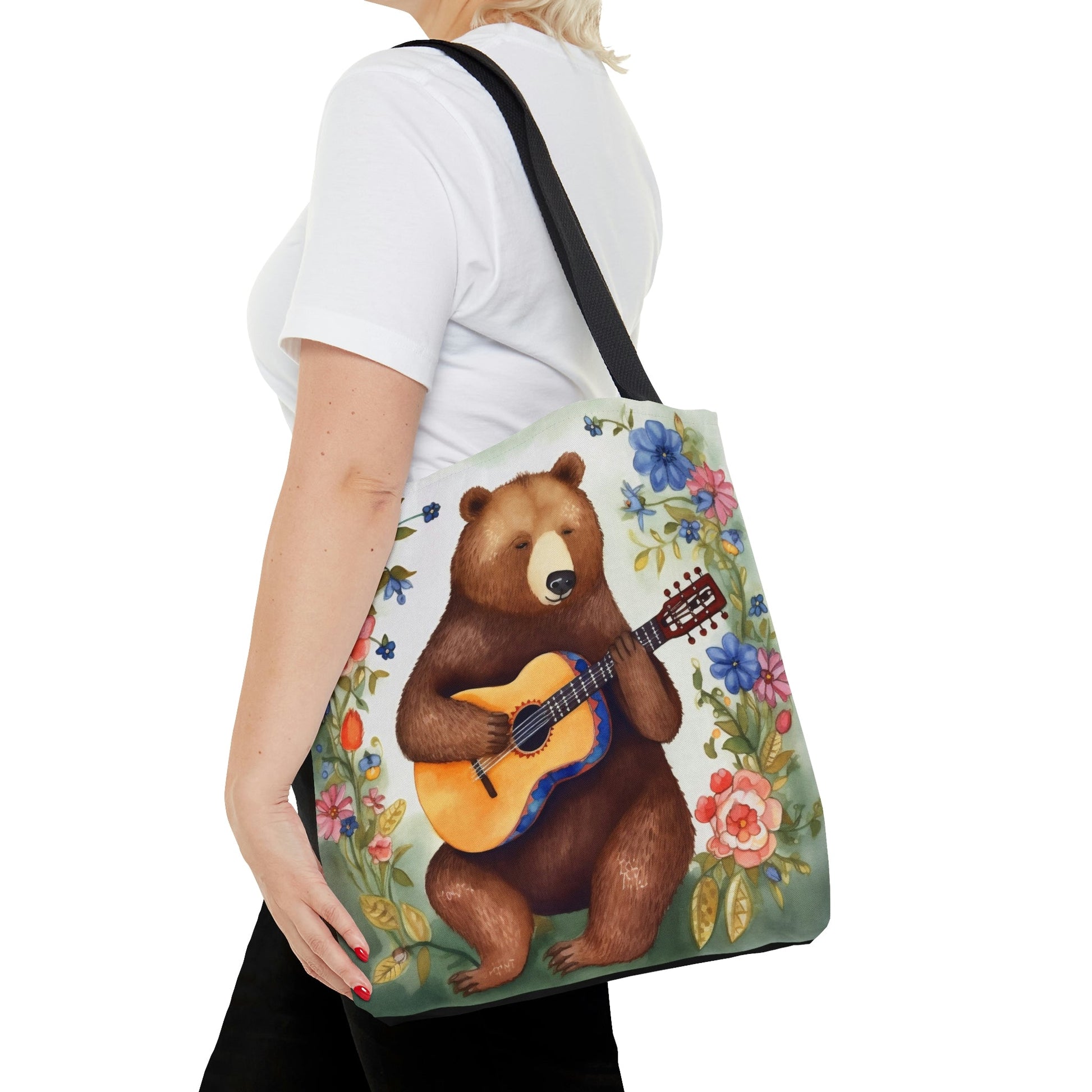 Bear Playing Guitar Rustic Folk Art Tote Bag - Cute Cottagecore Totebag Makes the Perfect Gift