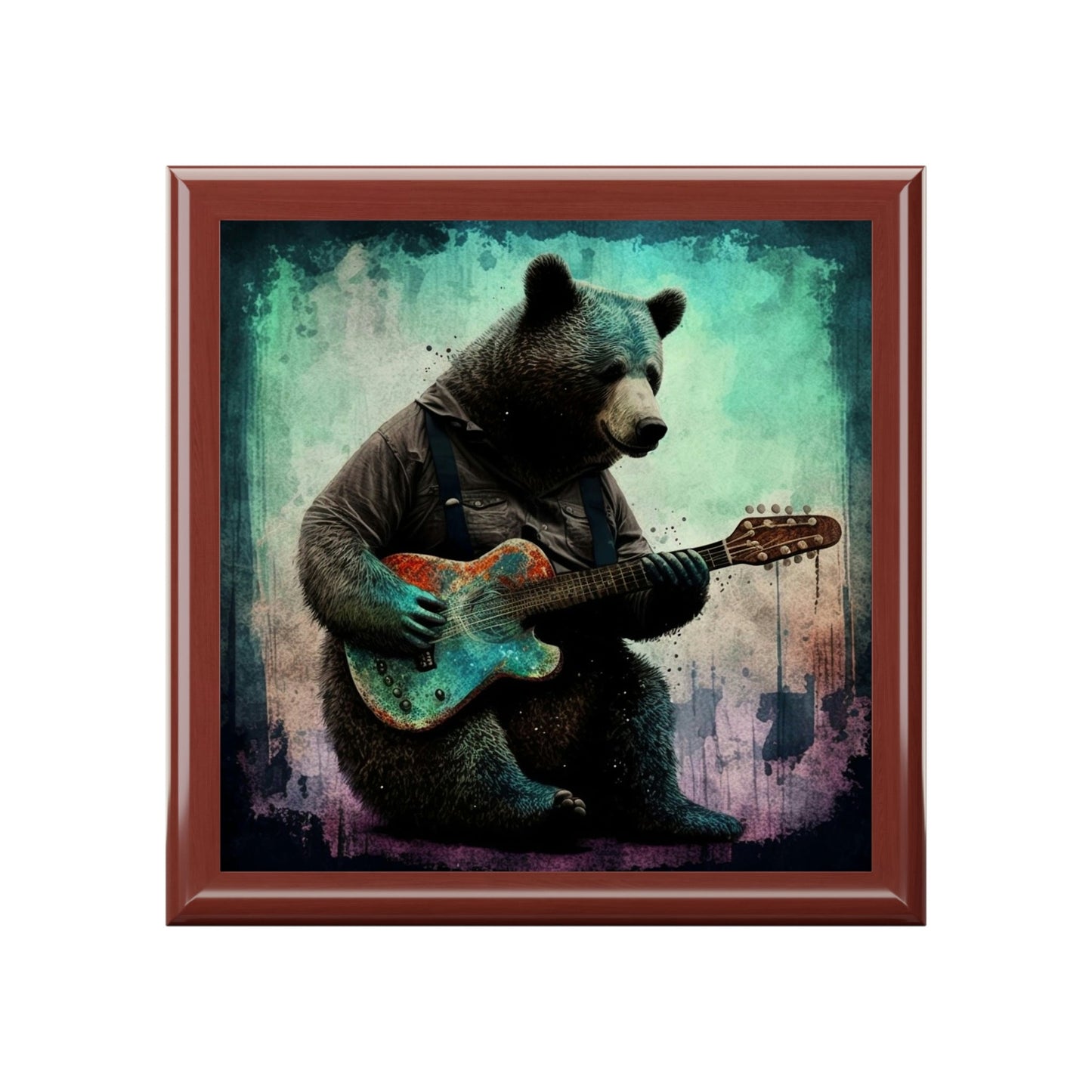 Bear Playing Guitar Wood Keepsake Jewelry Box with Ceramic Tile Cover