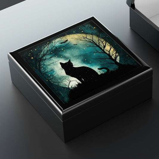 Black Cat Wooden Keepsake Jewelry Box with Ceramic Tile Cover