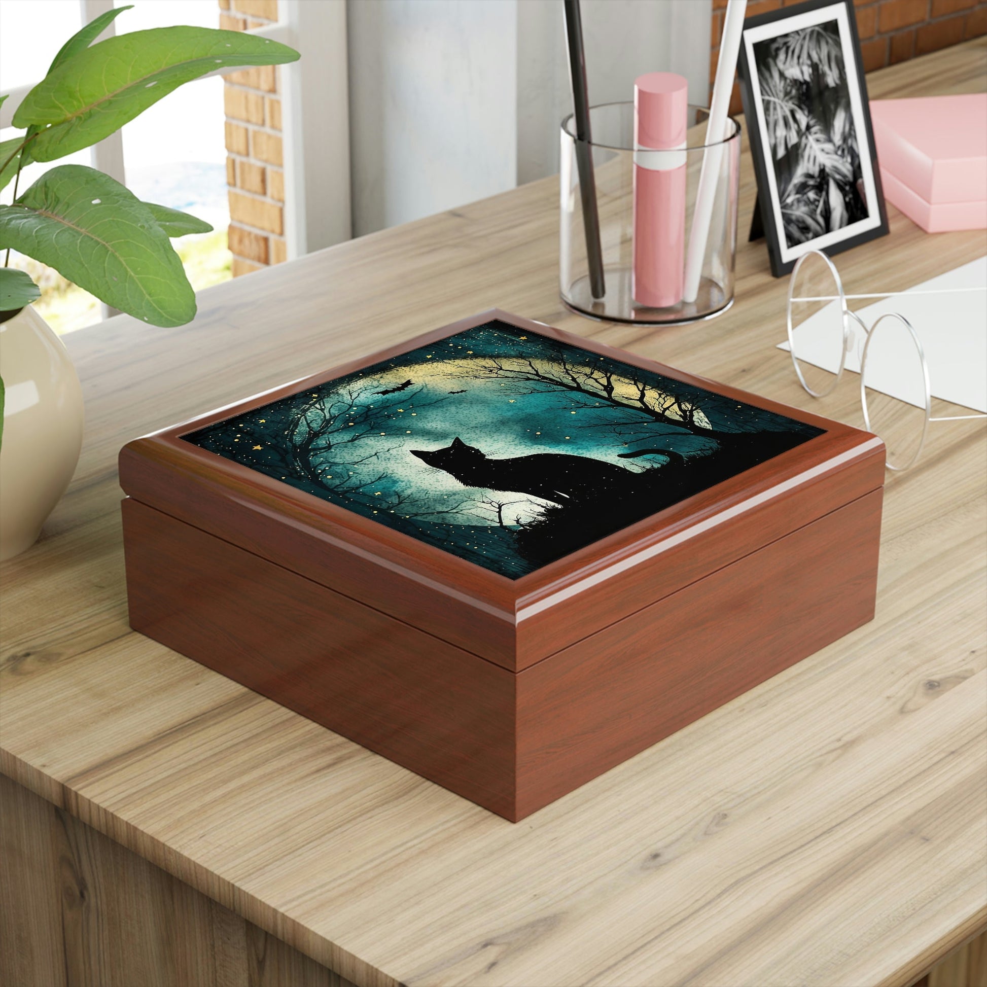 Black Cat Wooden Keepsake Jewelry Box with Ceramic Tile Cover