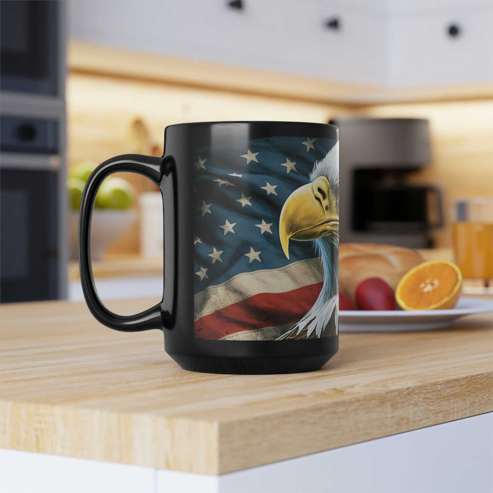 Blad Eagle with American Flag - Black 15 oz Blck Coffee Mug