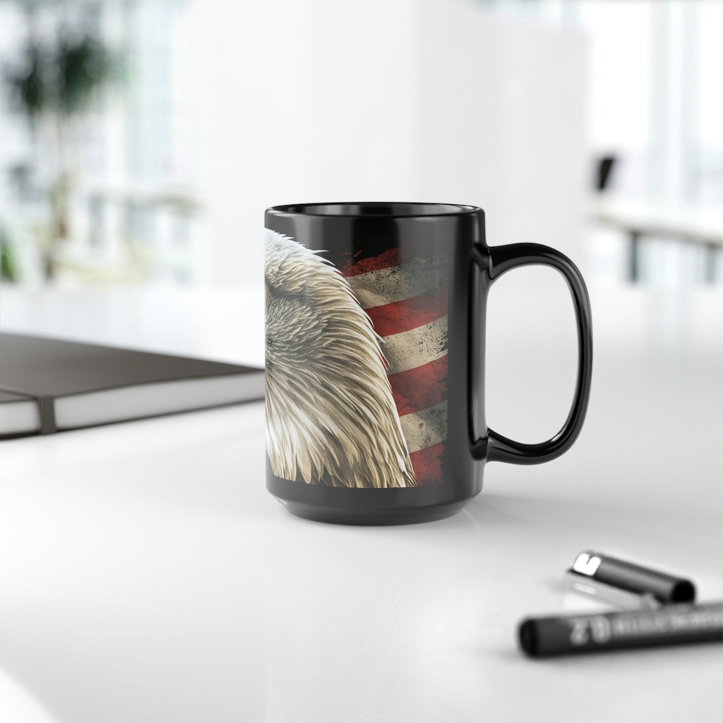 Blad Eagle with American Flag - Black 15 oz Blck Coffee Mug
