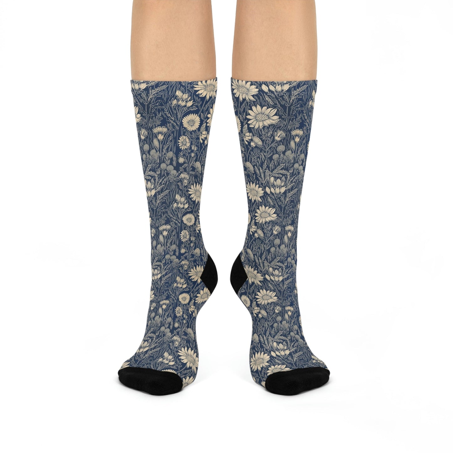 Block Print Wildflowers Design Cushioned Crew Socks