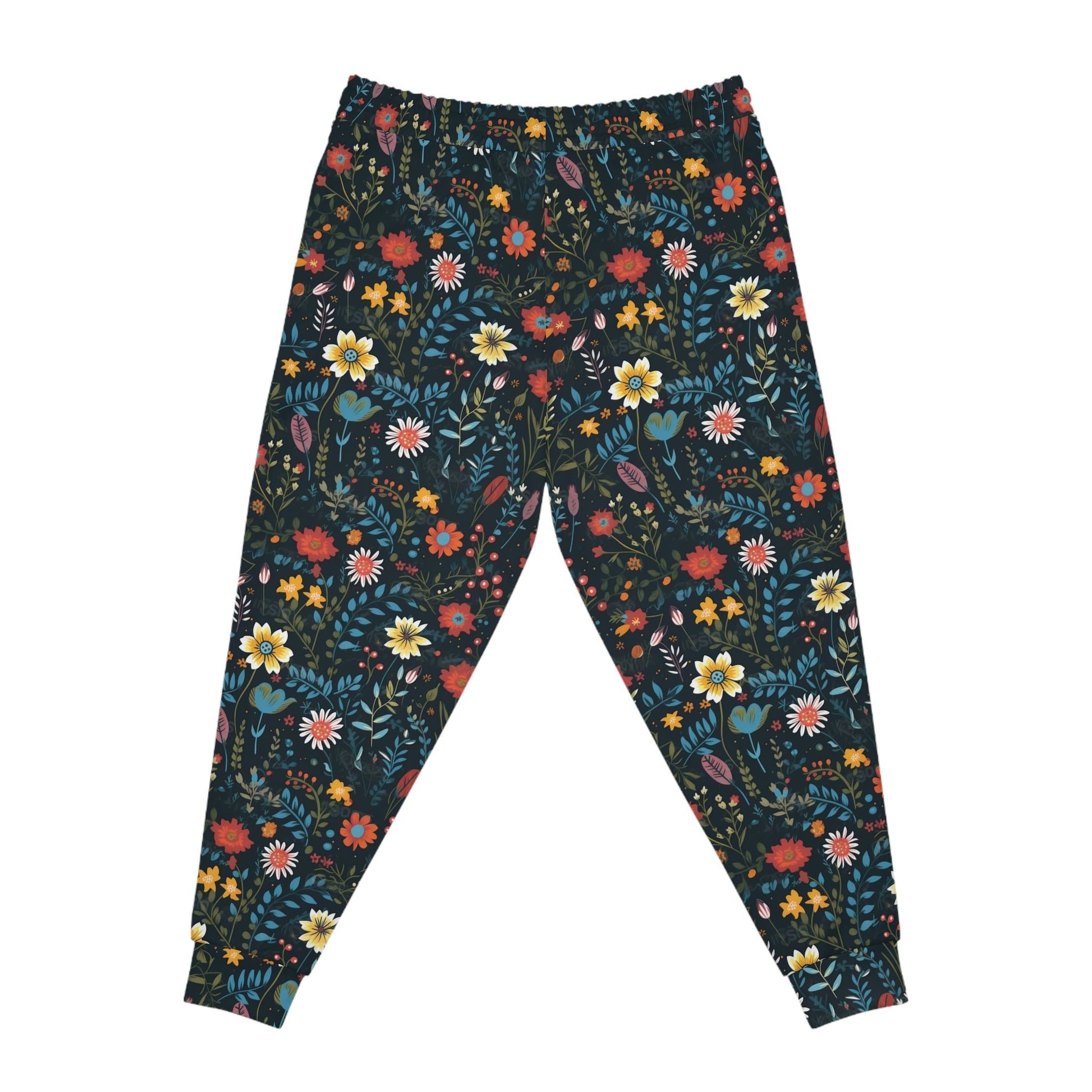 BOHO Botanical Pressed Wildflowers on Black Background Pattern Athletic Joggers