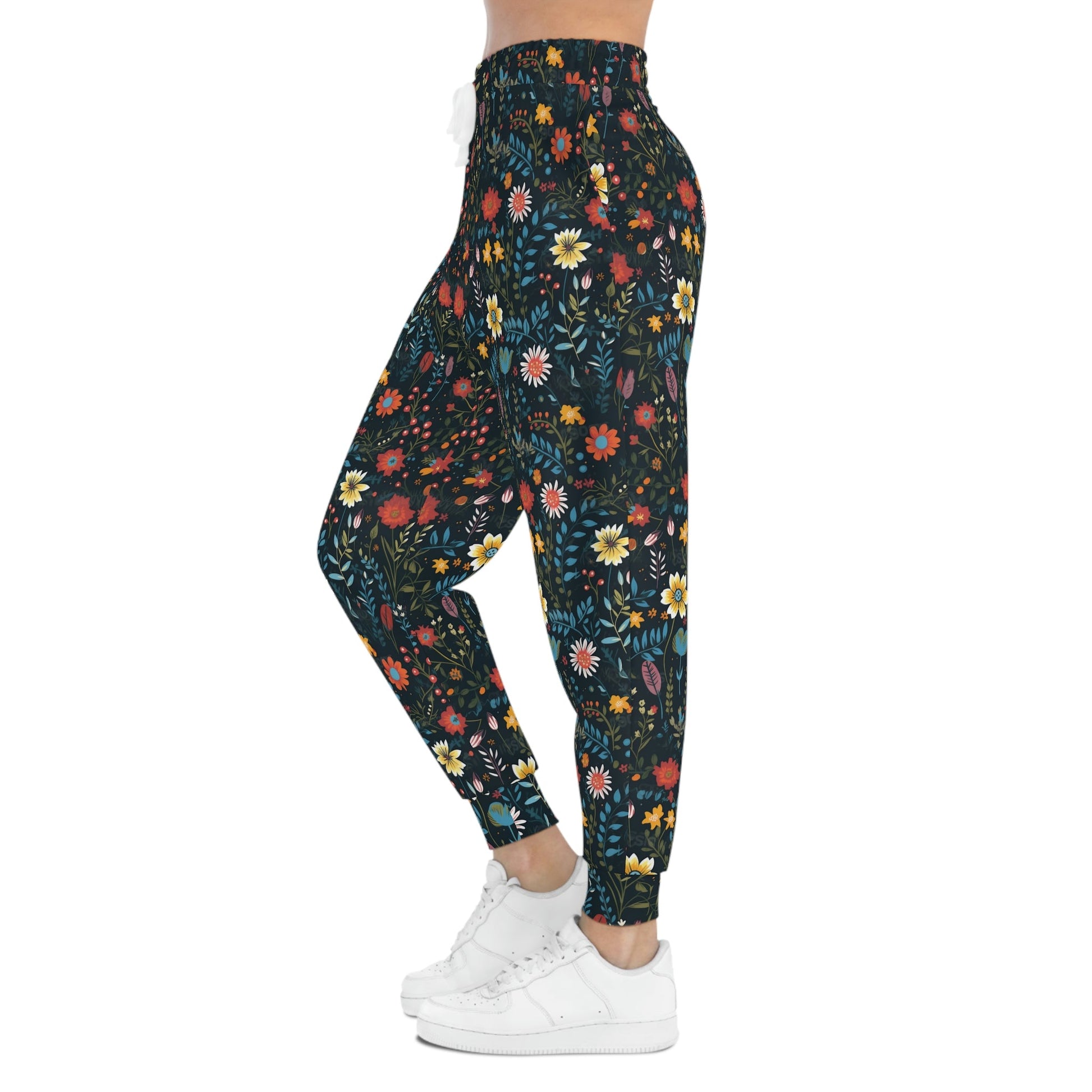 BOHO Botanical Pressed Wildflowers on Black Background Pattern Athletic Joggers