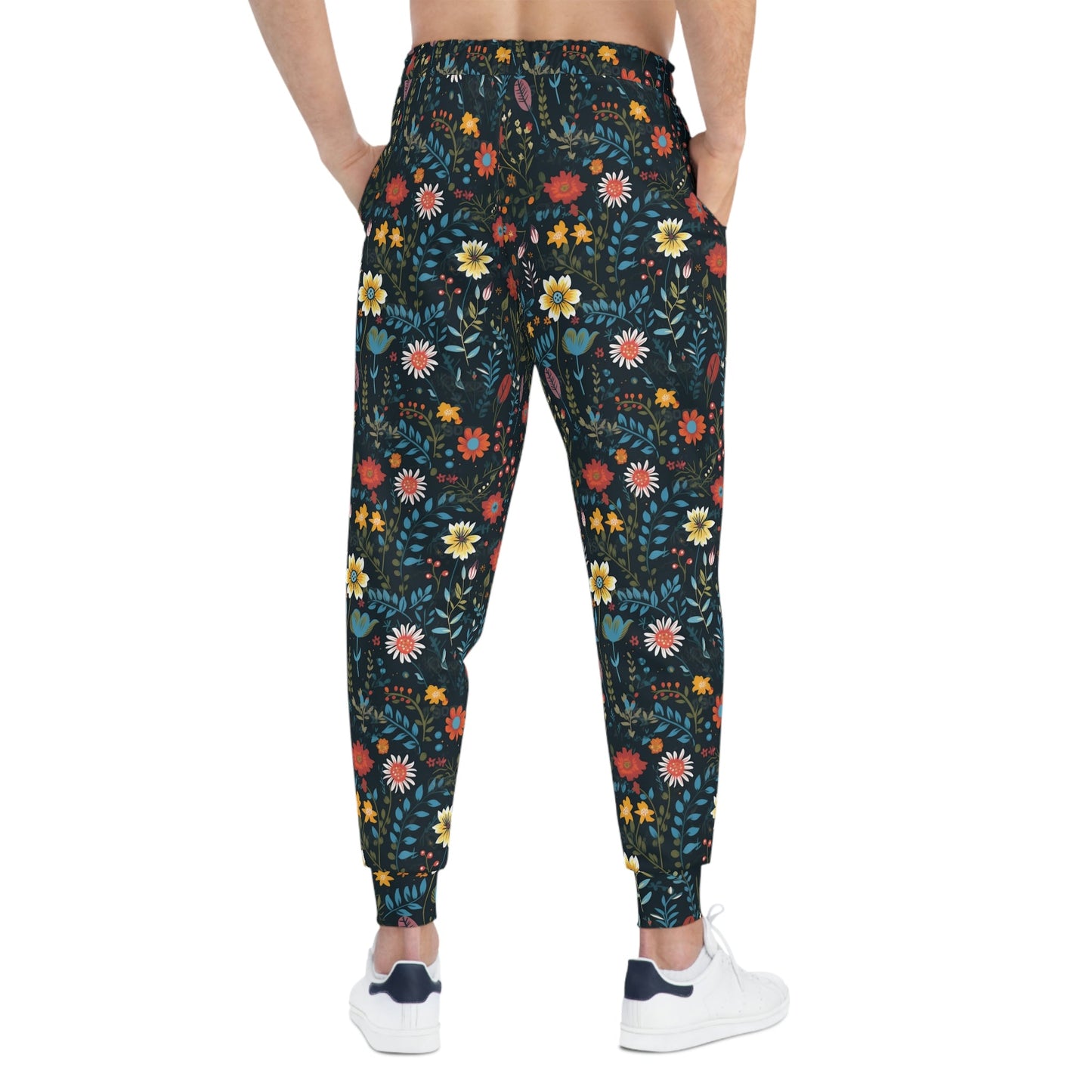 BOHO Botanical Pressed Wildflowers on Black Background Pattern Athletic Joggers