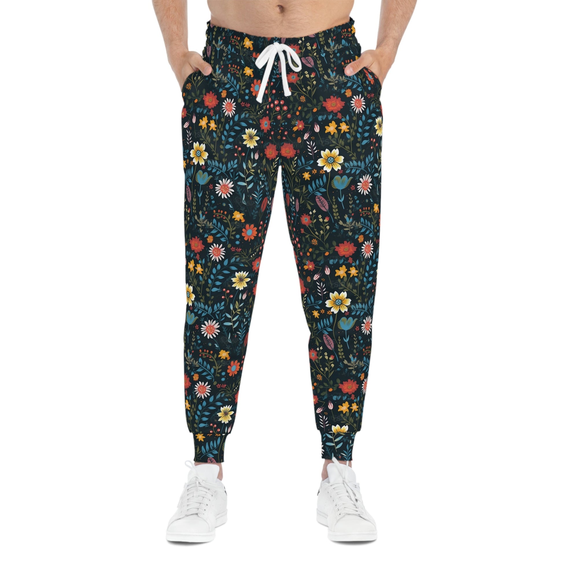 BOHO Botanical Pressed Wildflowers on Black Background Pattern Athletic Joggers