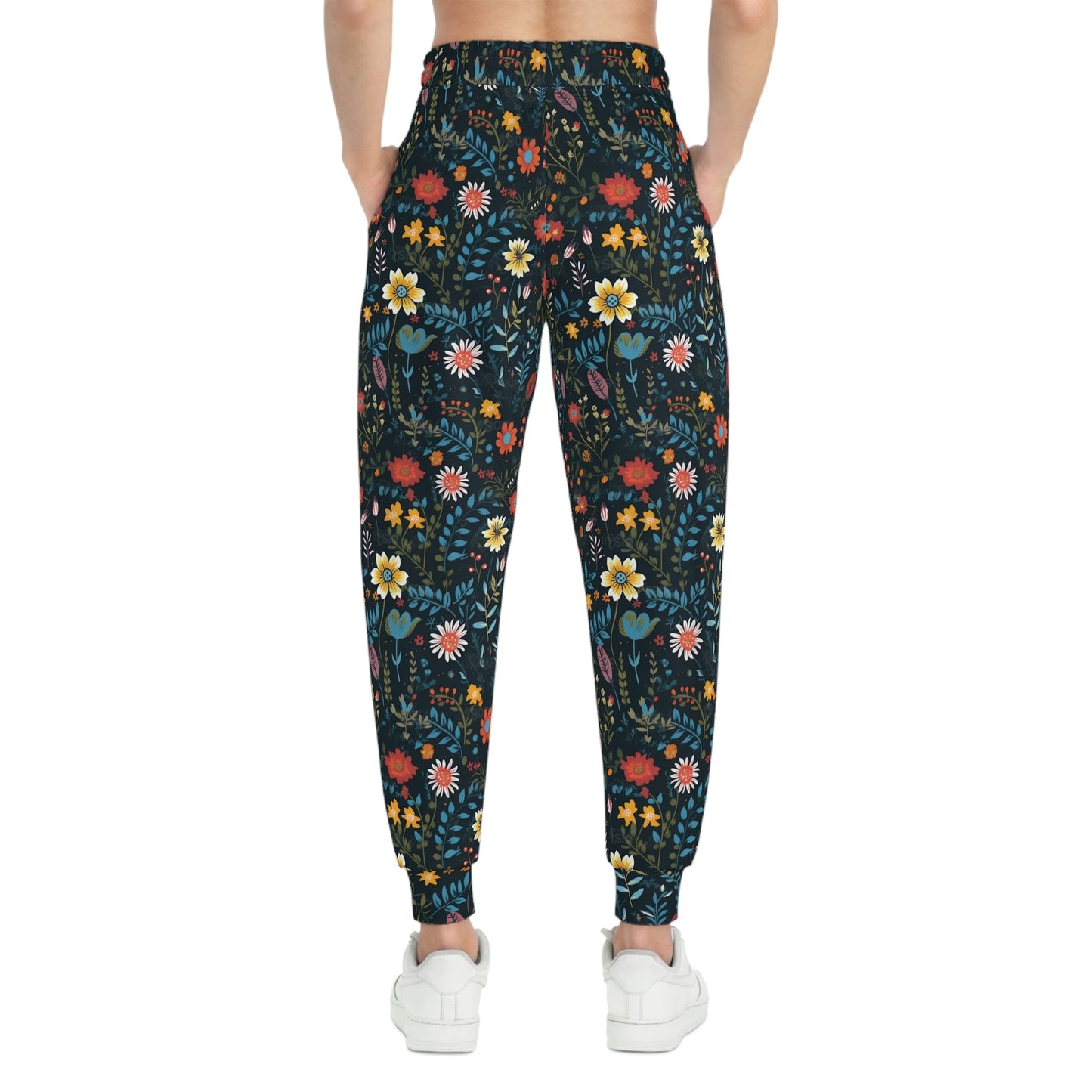 BOHO Botanical Pressed Wildflowers on Black Background Pattern Athletic Joggers