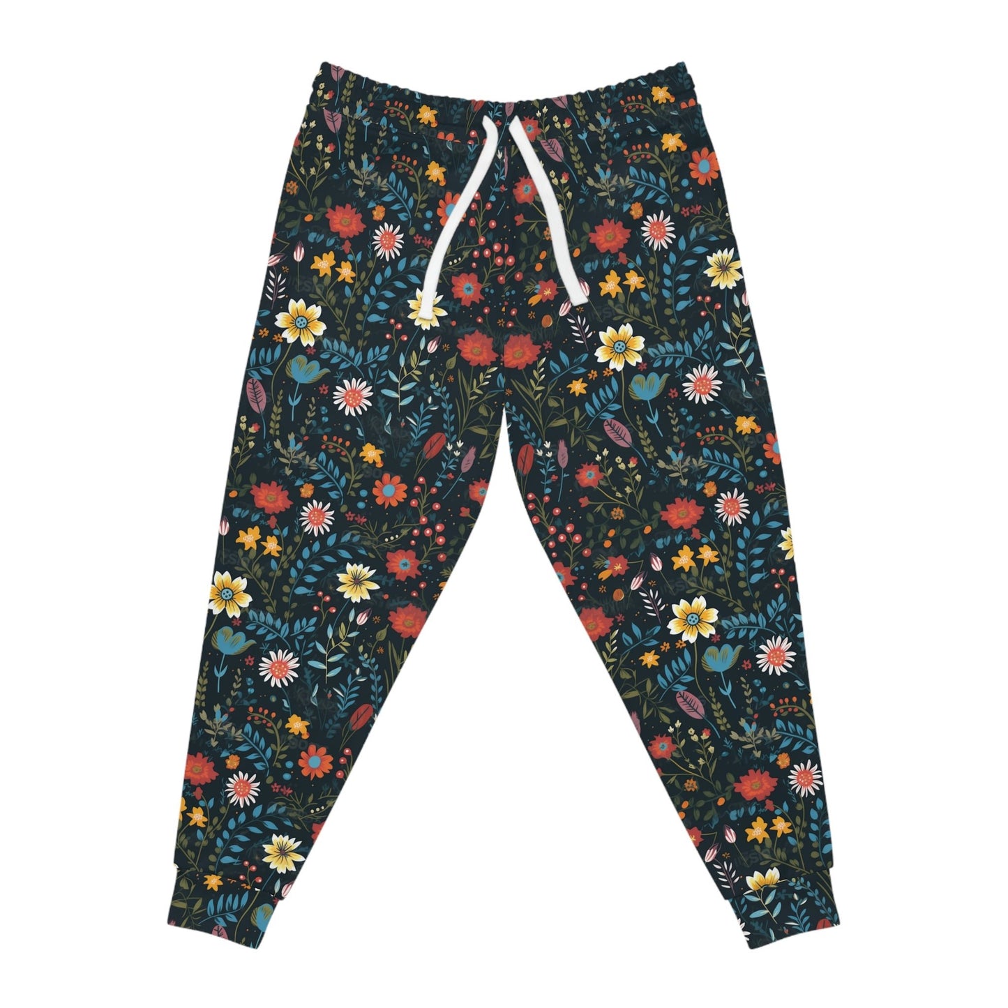 BOHO Botanical Pressed Wildflowers on Black Background Pattern Athletic Joggers