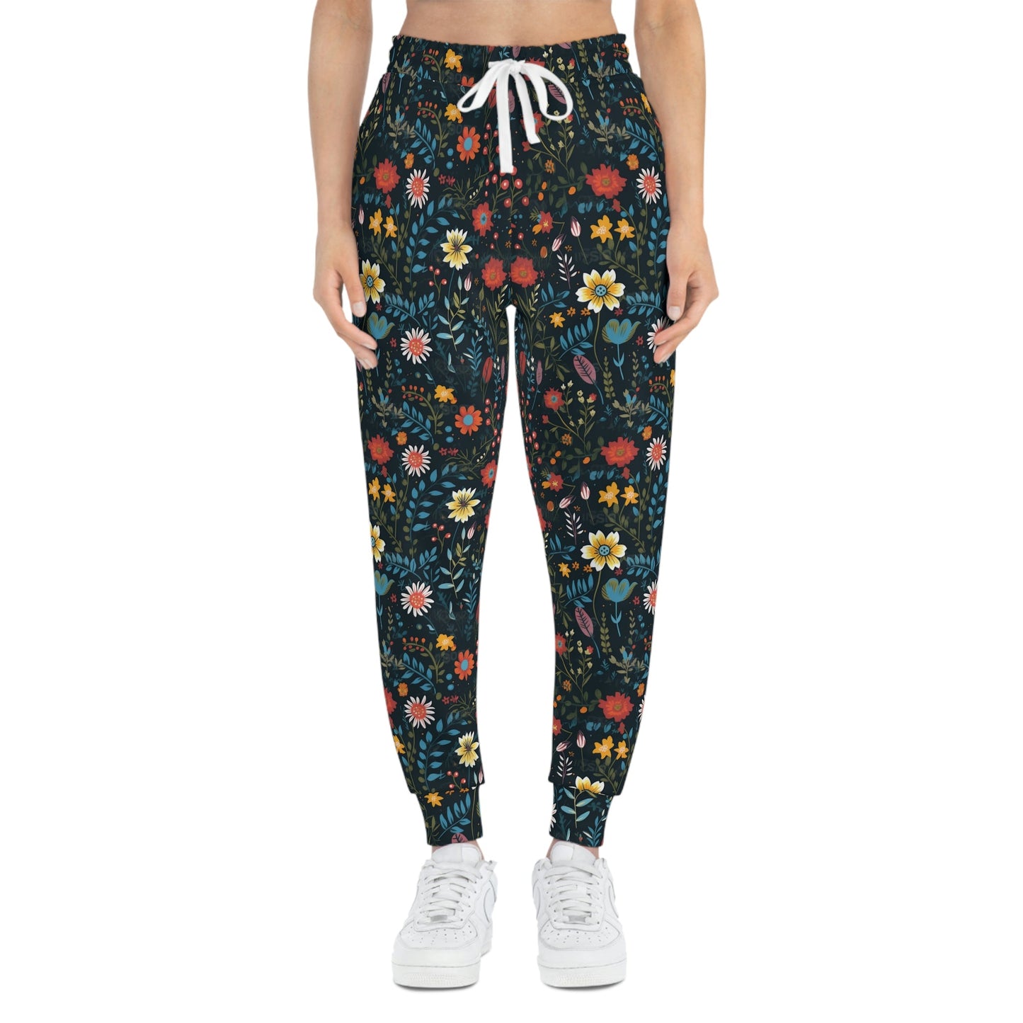 BOHO Botanical Pressed Wildflowers on Black Background Pattern Athletic Joggers