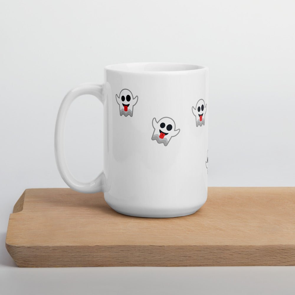 Boo! Ghost Emoji Text on a Glossy White Mug