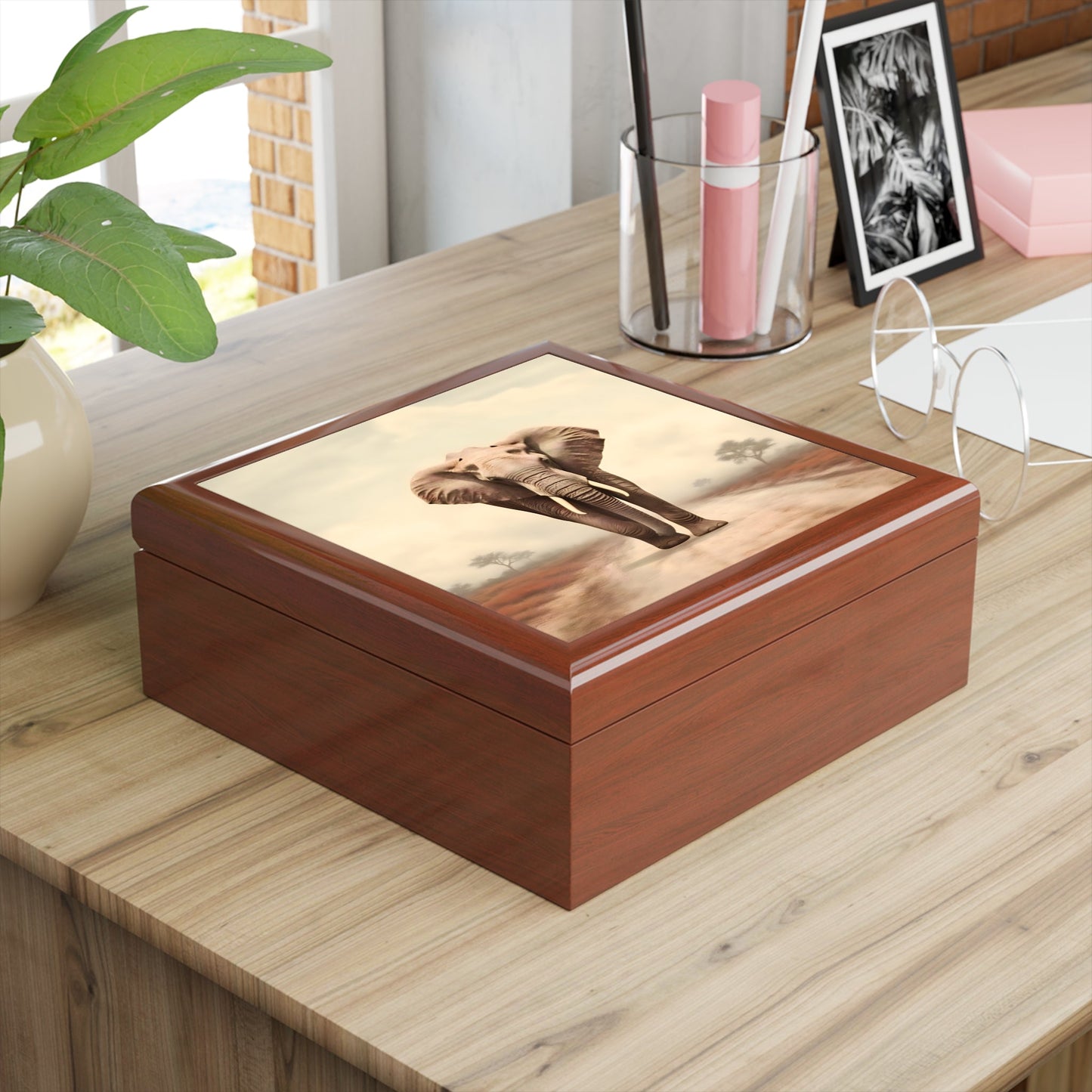 Bull Elephant Minimalism Fine Art Print Jewelry Keepsake Trinkets Box