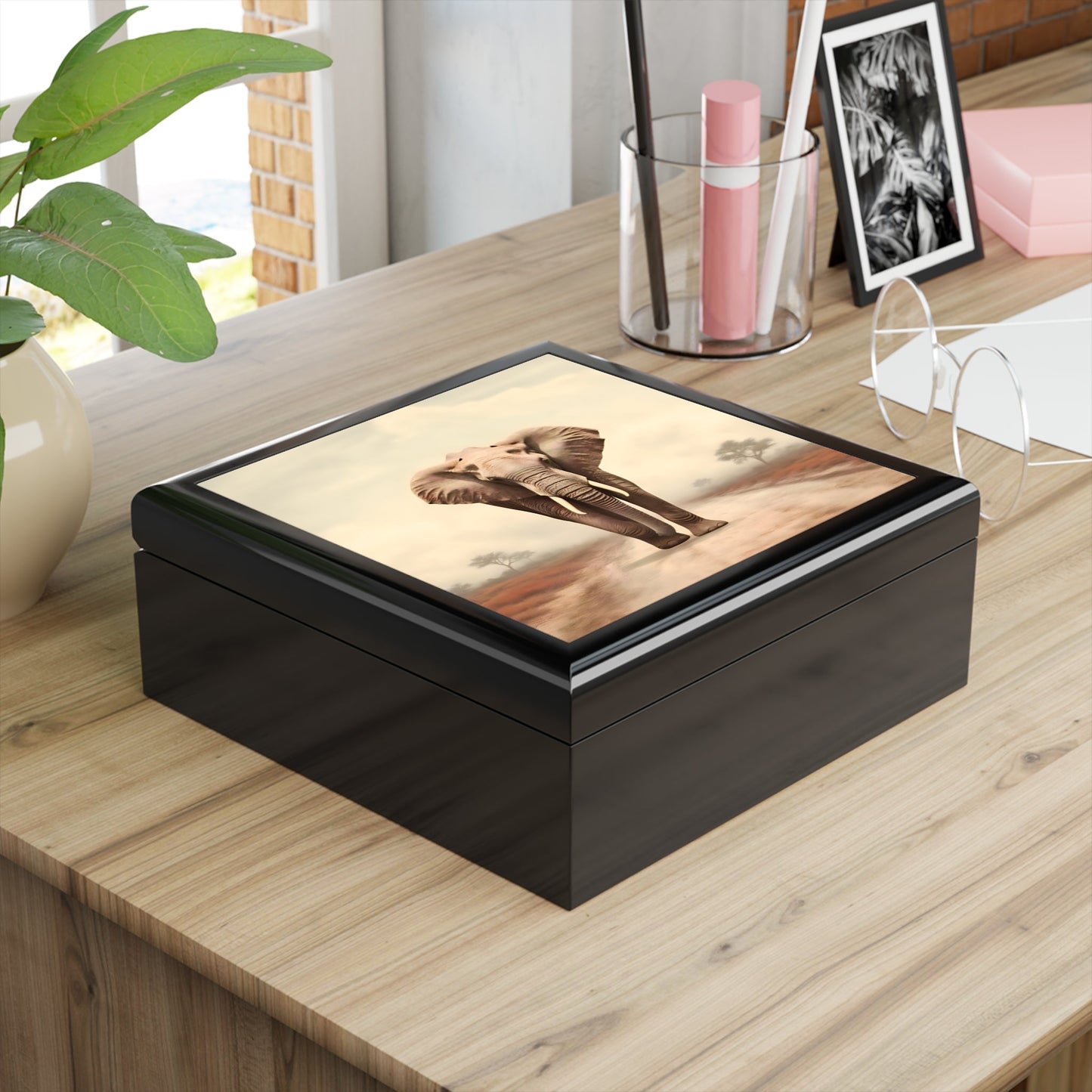 Bull Elephant Minimalism Fine Art Print Jewelry Keepsake Trinkets Box