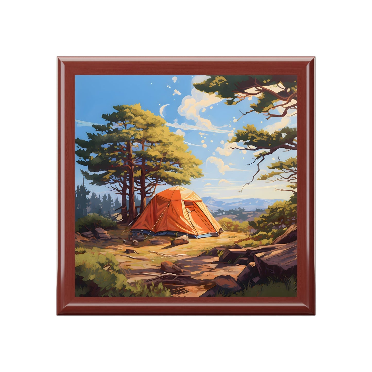 Camping in Maine Wood Keepsake Jewelry Box with Ceramic Tile Cover