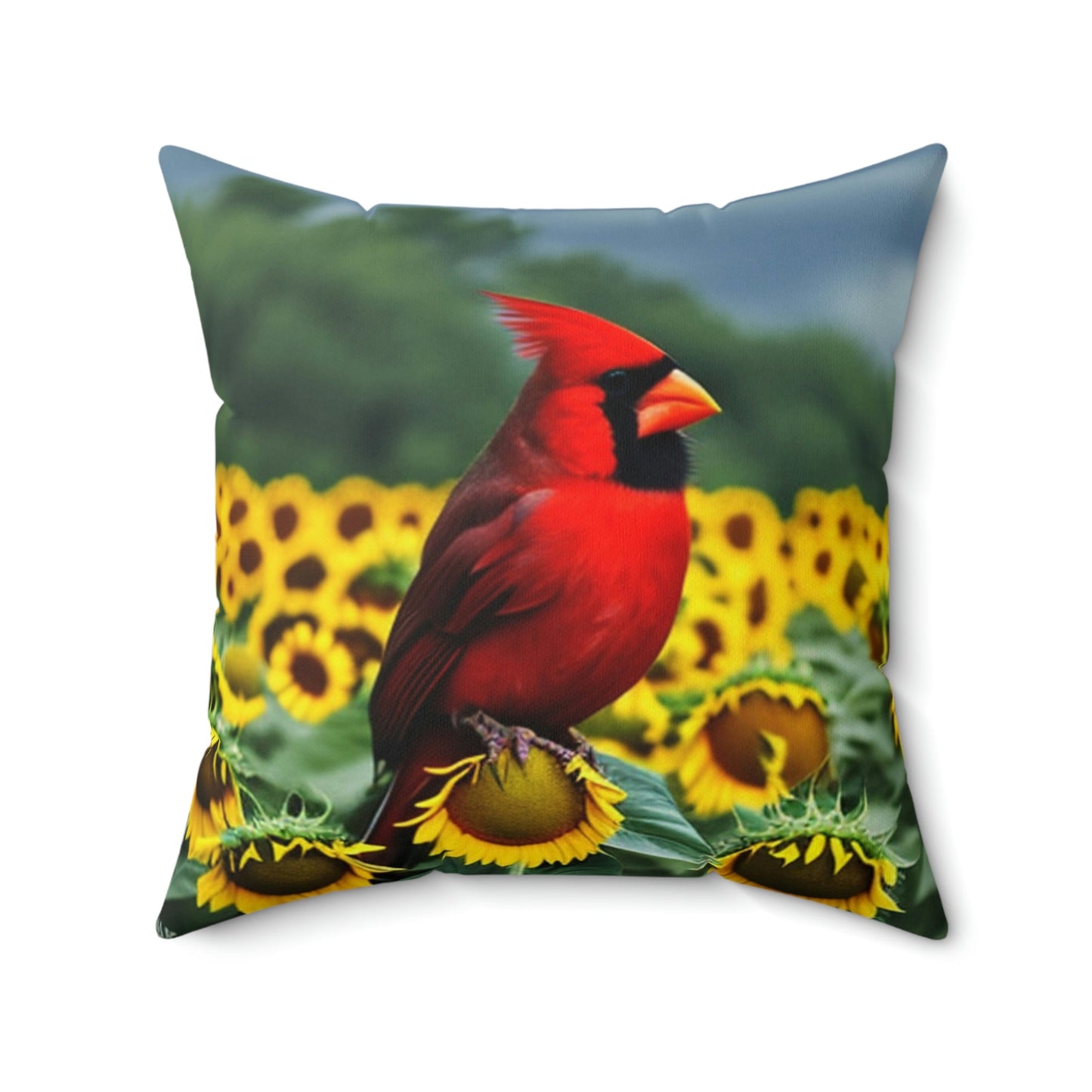 Cardinal Perched atop Sunflowers Square Pillow