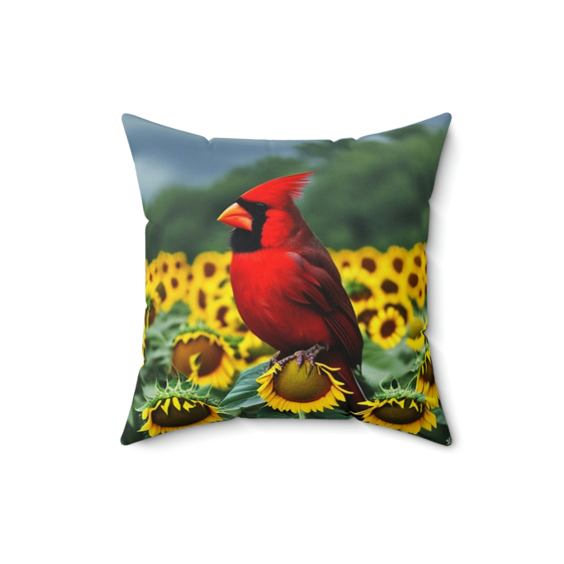 Cardinal Perched atop Sunflowers Square Pillow