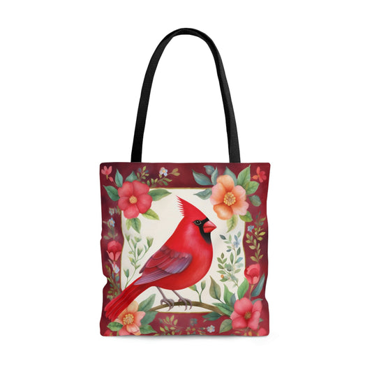 Cardinal with Floral Border Tote Bag - Cute Cottagecore Totebag Makes the Perfect Gift