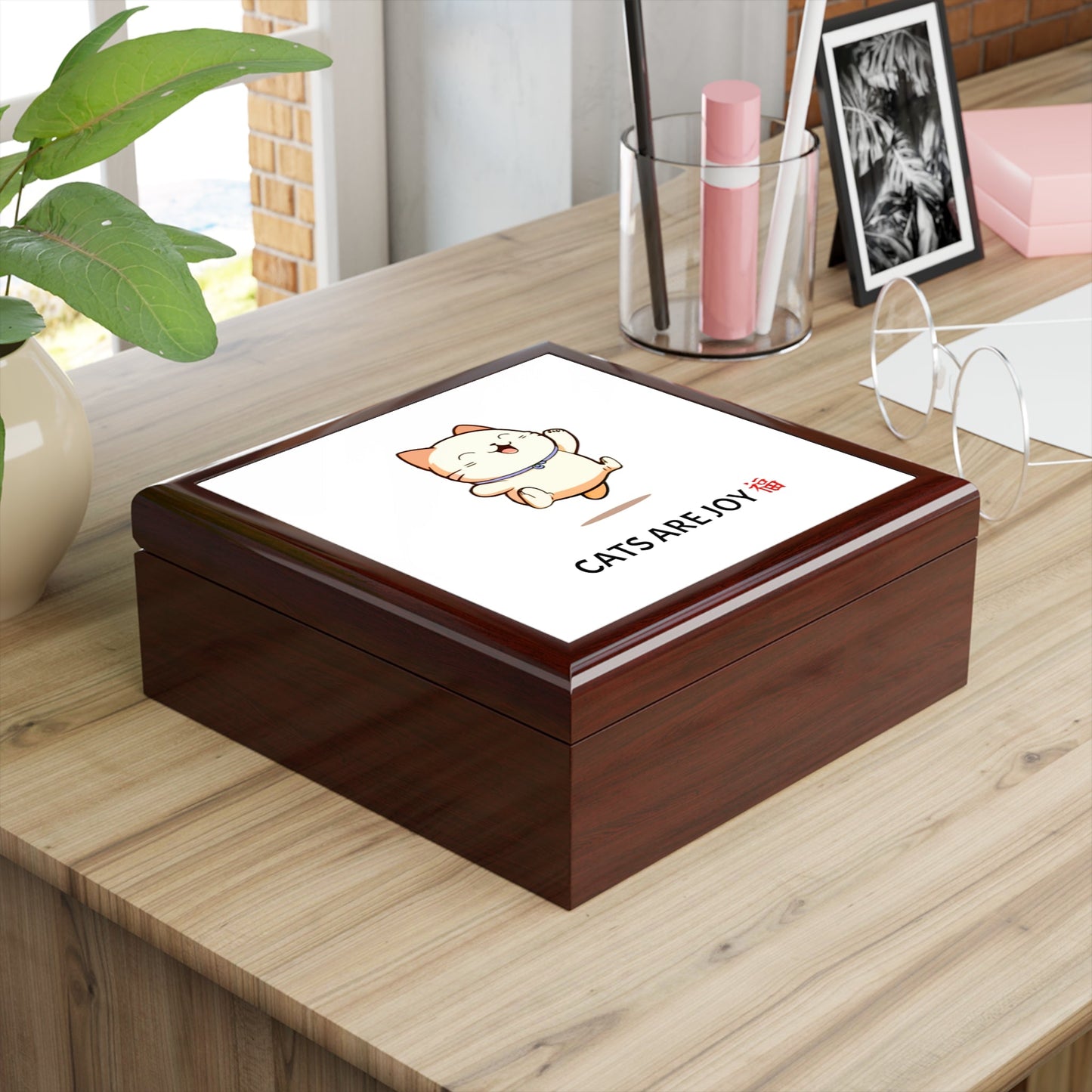 Cats are Joy Keepsake Jewelry Box with Ceramic Tile Cover Beige