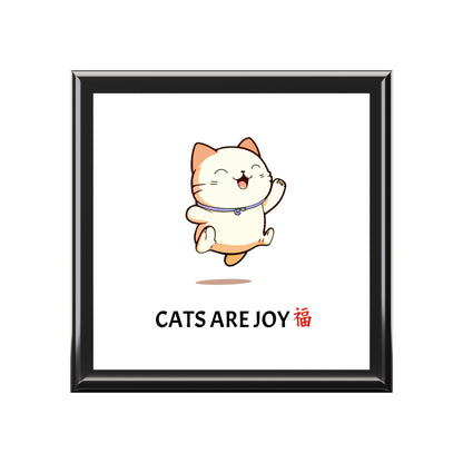 Cats are Joy Keepsake Jewelry Box with Ceramic Tile Cover Beige