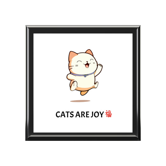 Cats are Joy Keepsake Jewelry Box with Ceramic Tile Cover Beige