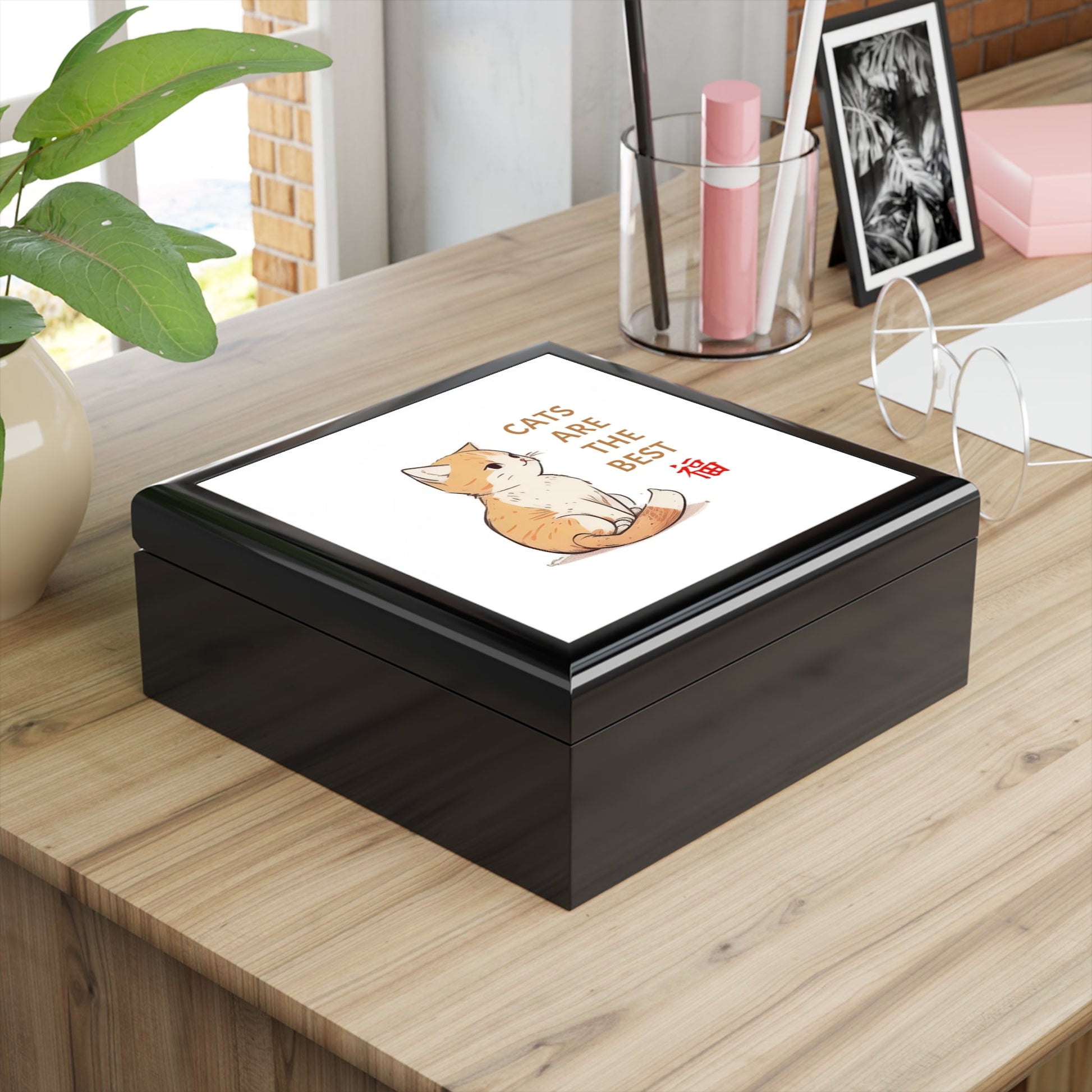 Cats are the Best Keepsake Jewelry Box with Ceramic Tile Cover Beige