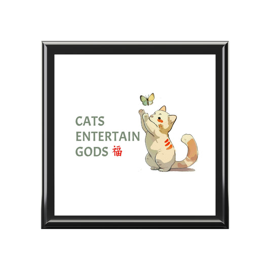 Cats Entertain Gods Keepsake Jewelry Box with Ceramic Tile Cover Beige