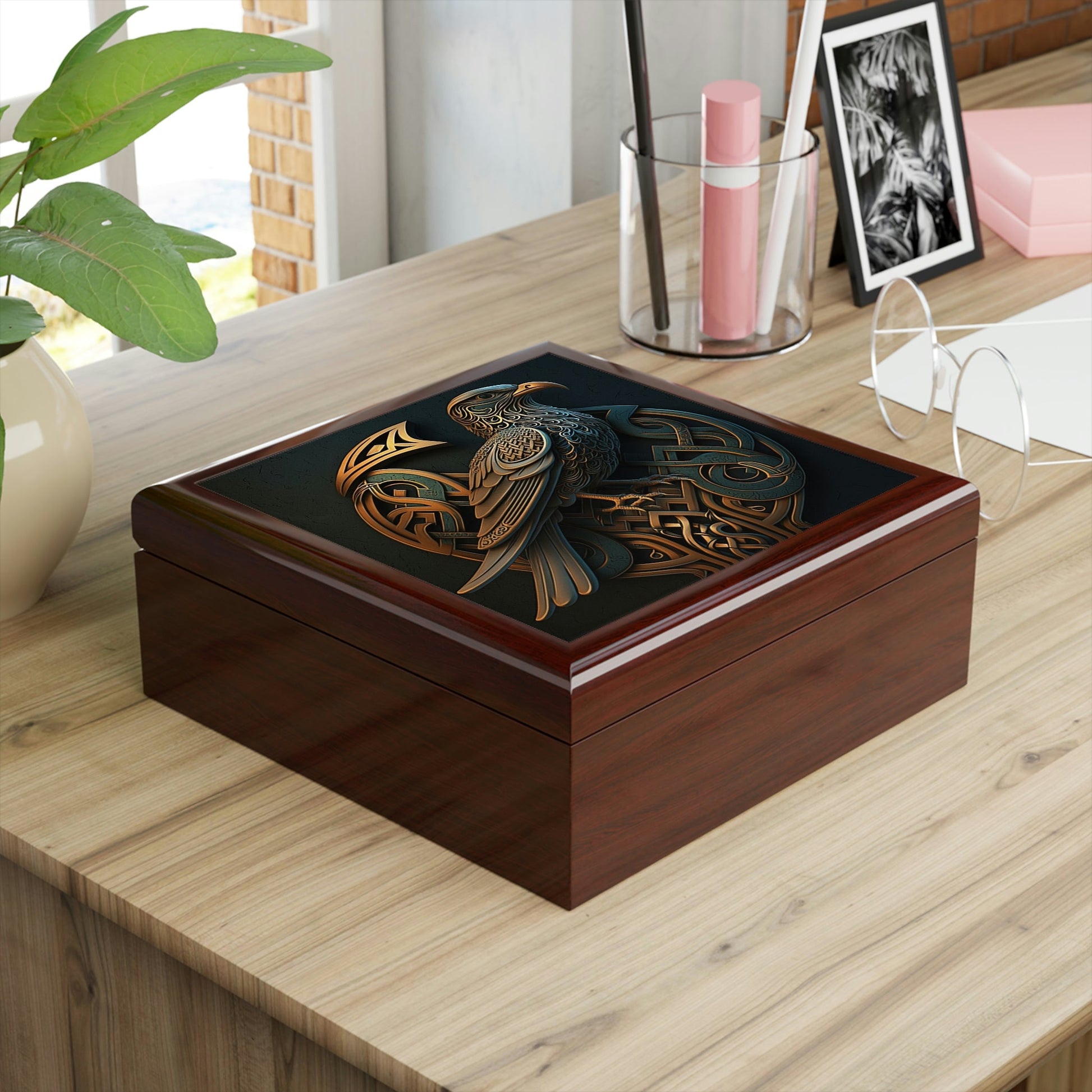 Celtic Knot Eagle Wooden Keepsake Jewelry Box with Ceramic Tile Cover