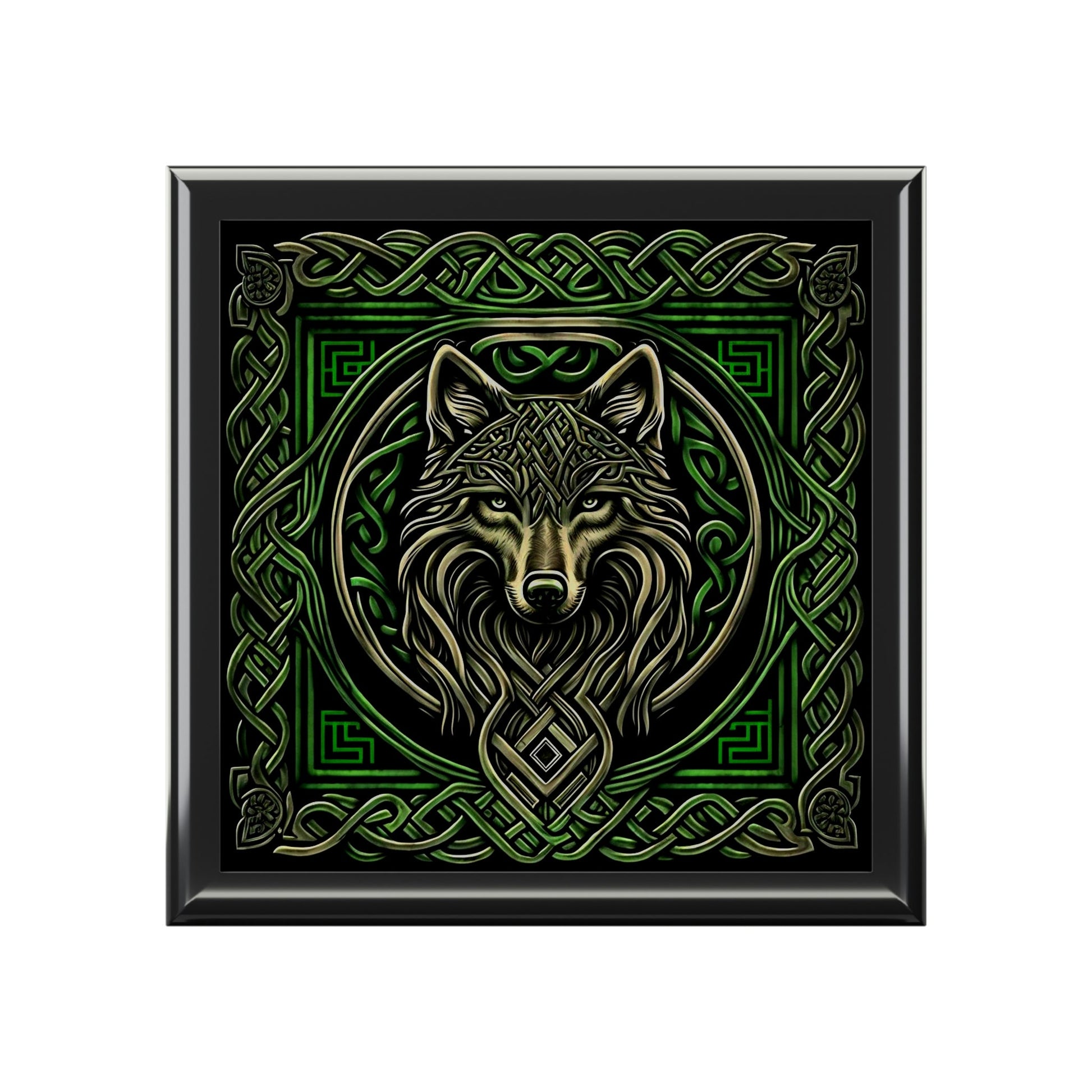 Celtic Knots Wolf Wooden Keepsake Jewelry Box with Ceramic Tile Cover