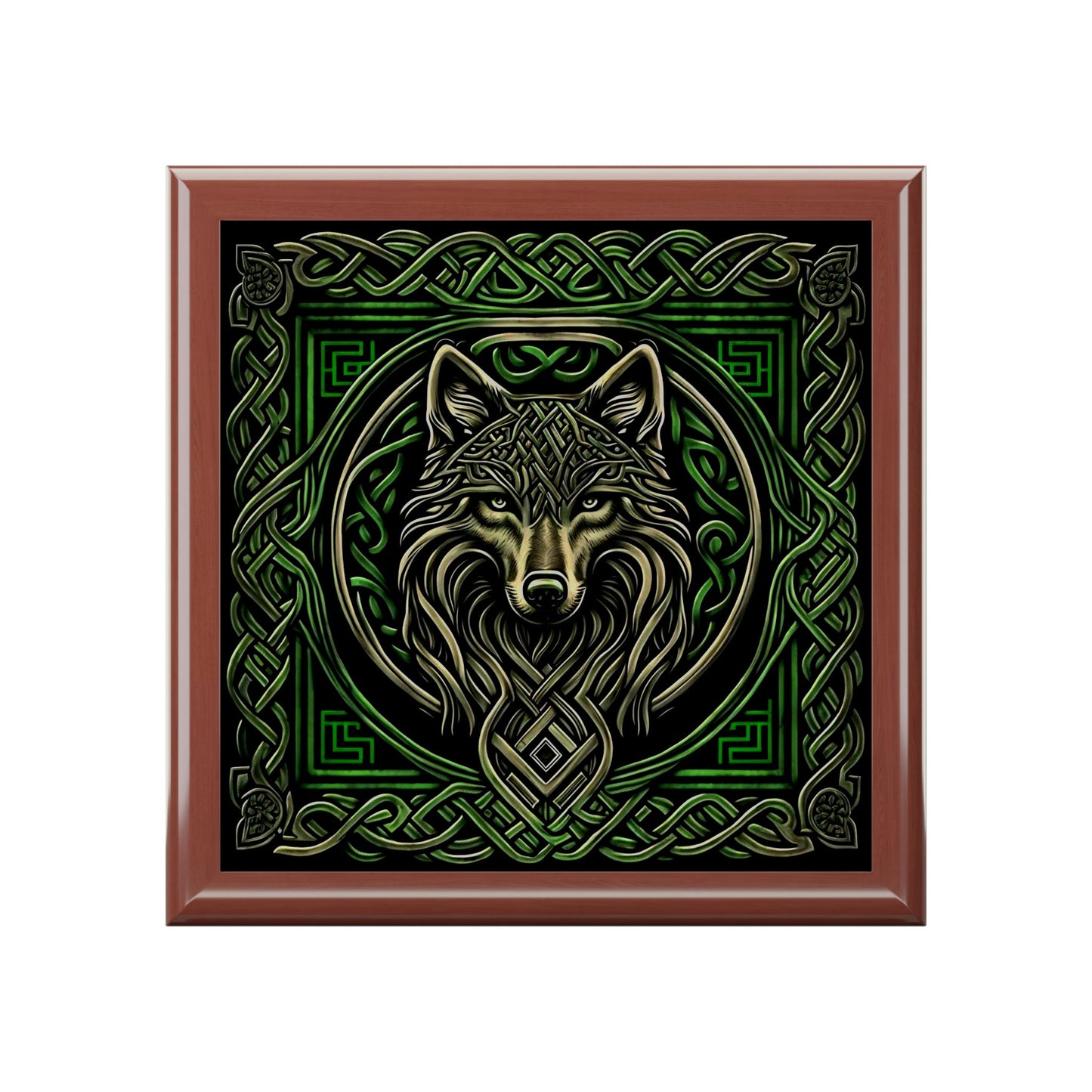 Celtic Knots Wolf Wooden Keepsake Jewelry Box with Ceramic Tile Cover