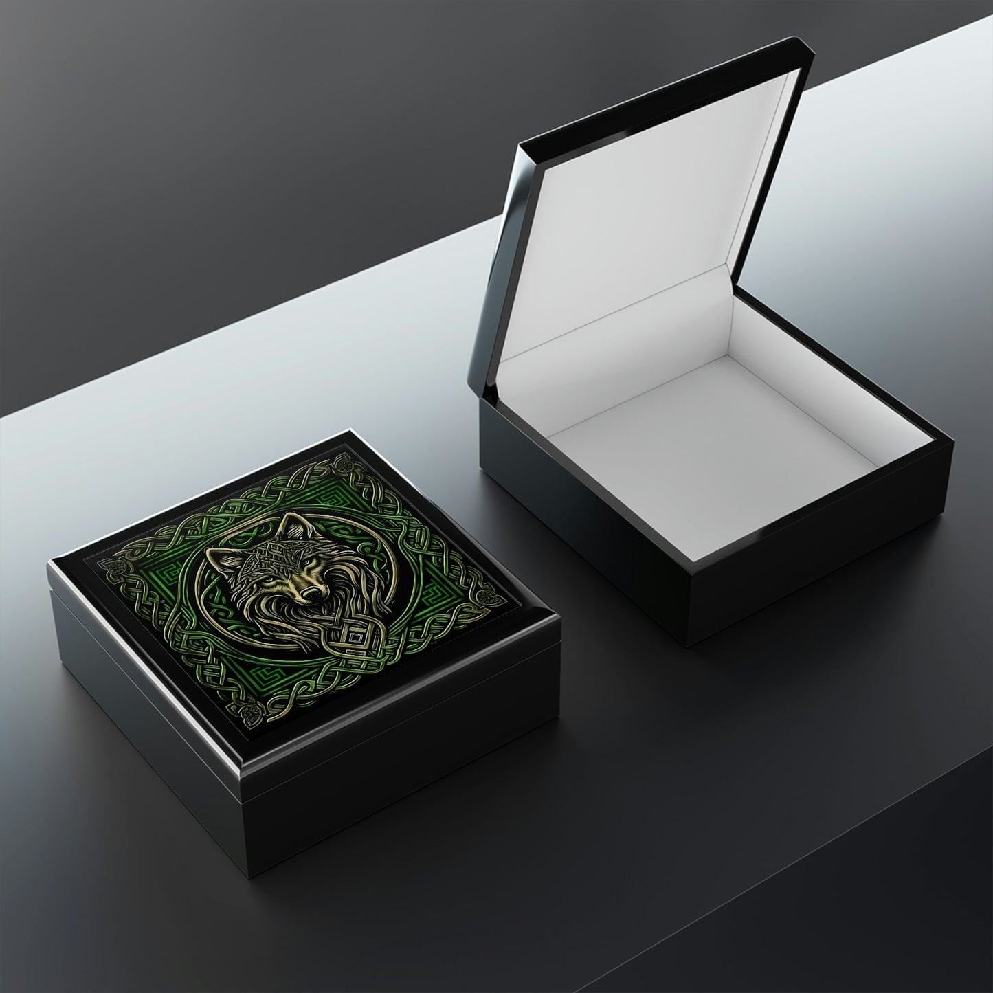 Celtic Knots Wolf Wooden Keepsake Jewelry Box with Ceramic Tile Cover