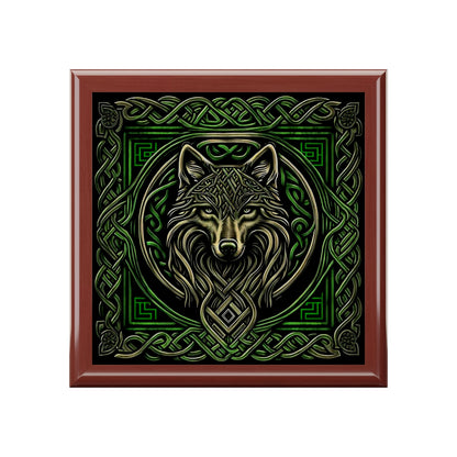 Celtic Knots Wolf Wooden Keepsake Jewelry Box with Ceramic Tile Cover