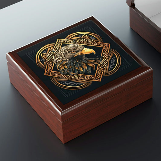 Celtic Knotwork Eagle Wooden Keepsake Jewelry Box with Ceramic Tile Cover