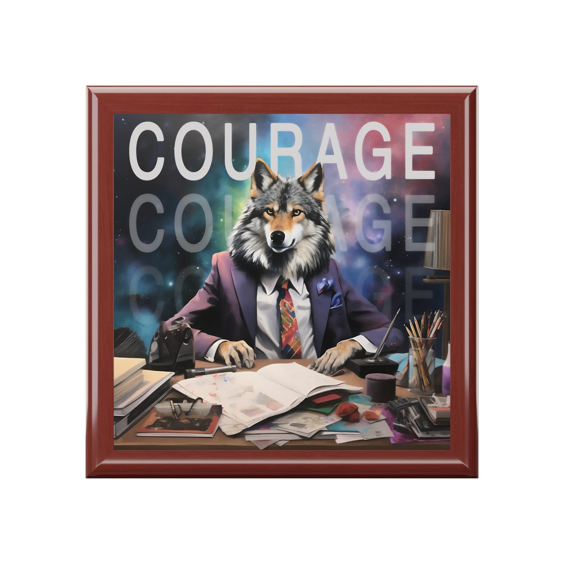 Courage Wolf Businessman Jewelry Keepsake Trinkets Box