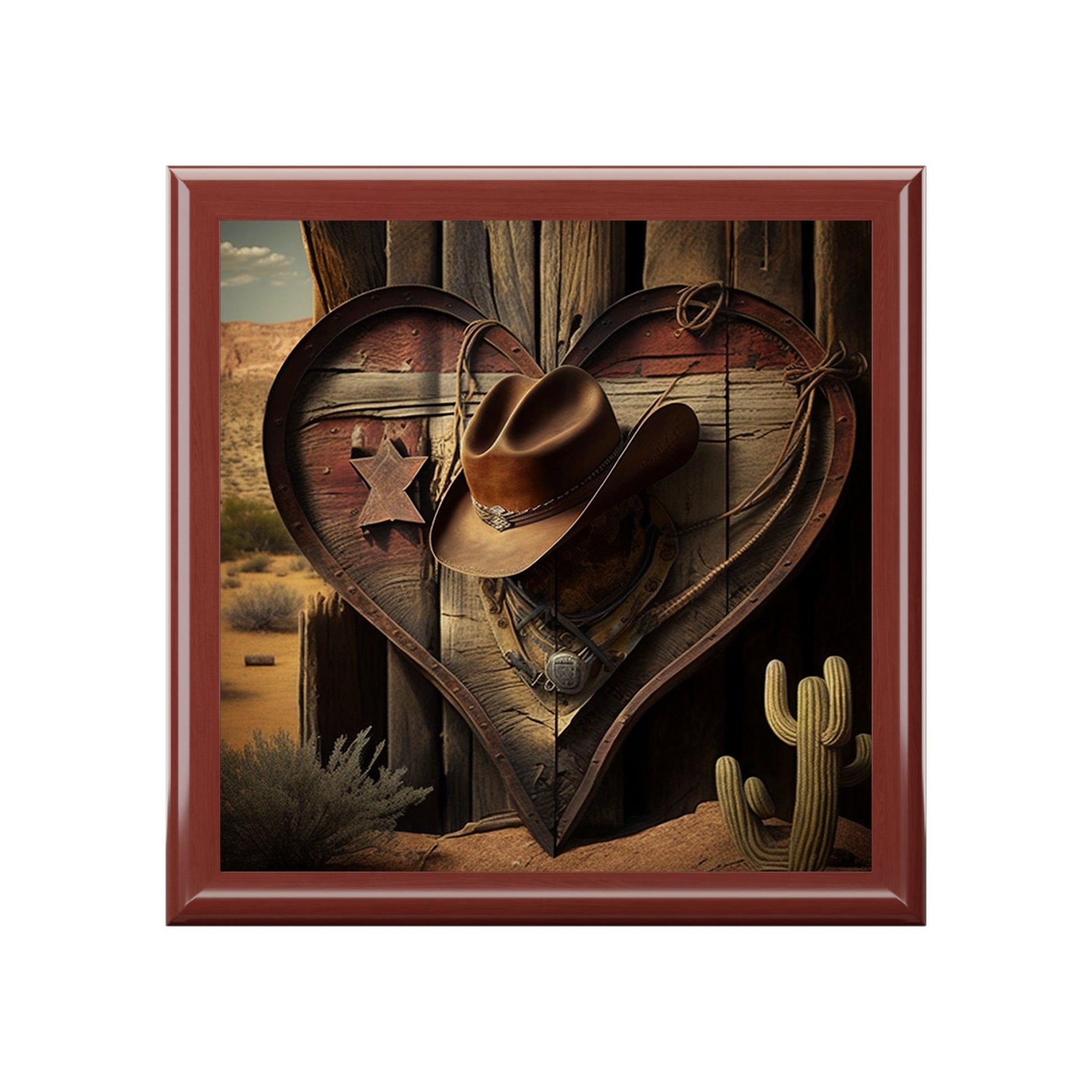 Cowboy Western Heart Wood Keepsake Jewelry Box with Ceramic Tile Cover