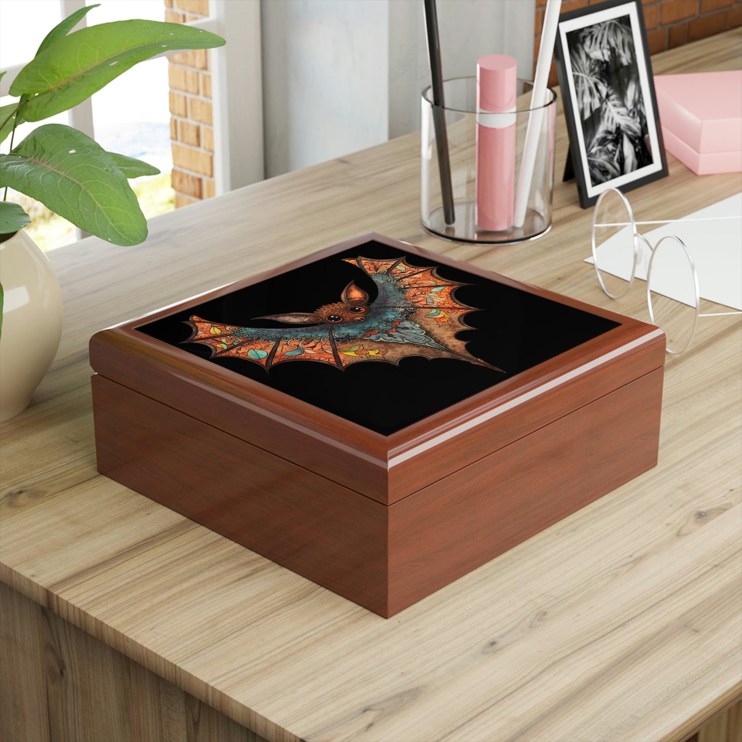 Cute Gothic Bat Design Wooden Keepsake Jewelry Box