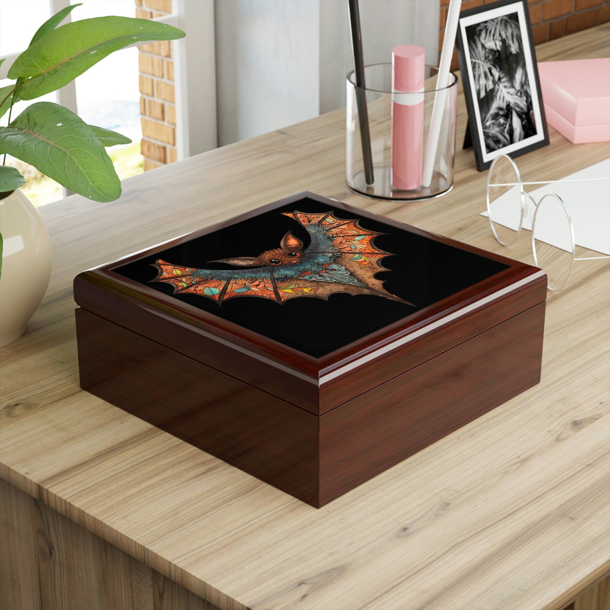 Cute Gothic Bat Design Wooden Keepsake Jewelry Box