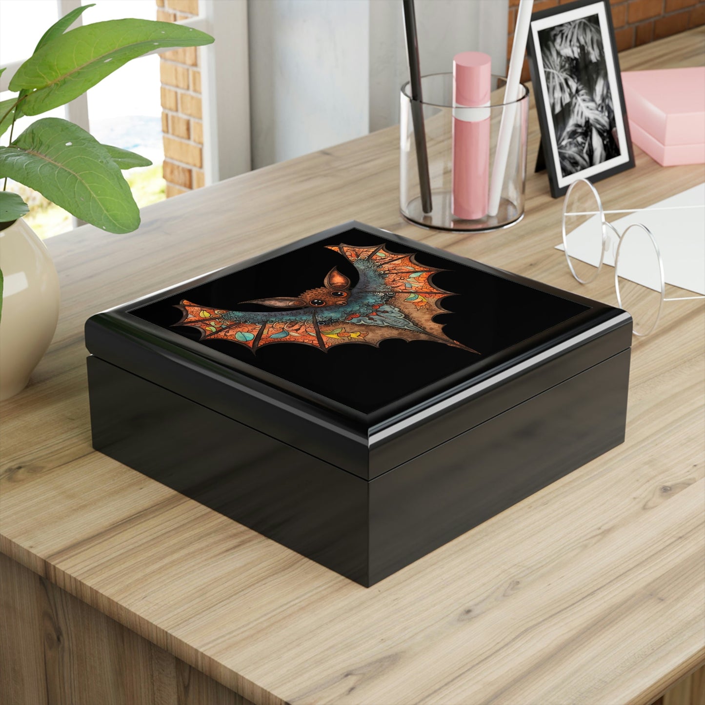 Cute Gothic Bat Design Wooden Keepsake Jewelry Box