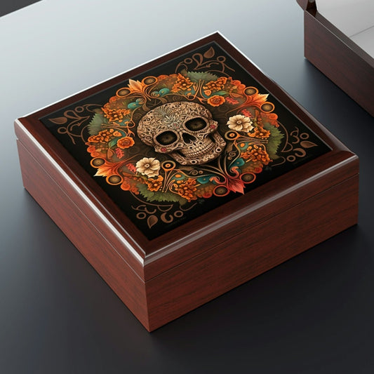 Day of the Dead Skull Mandala Wooden Keepsake Jewelry Box with Ceramic Tile Cover