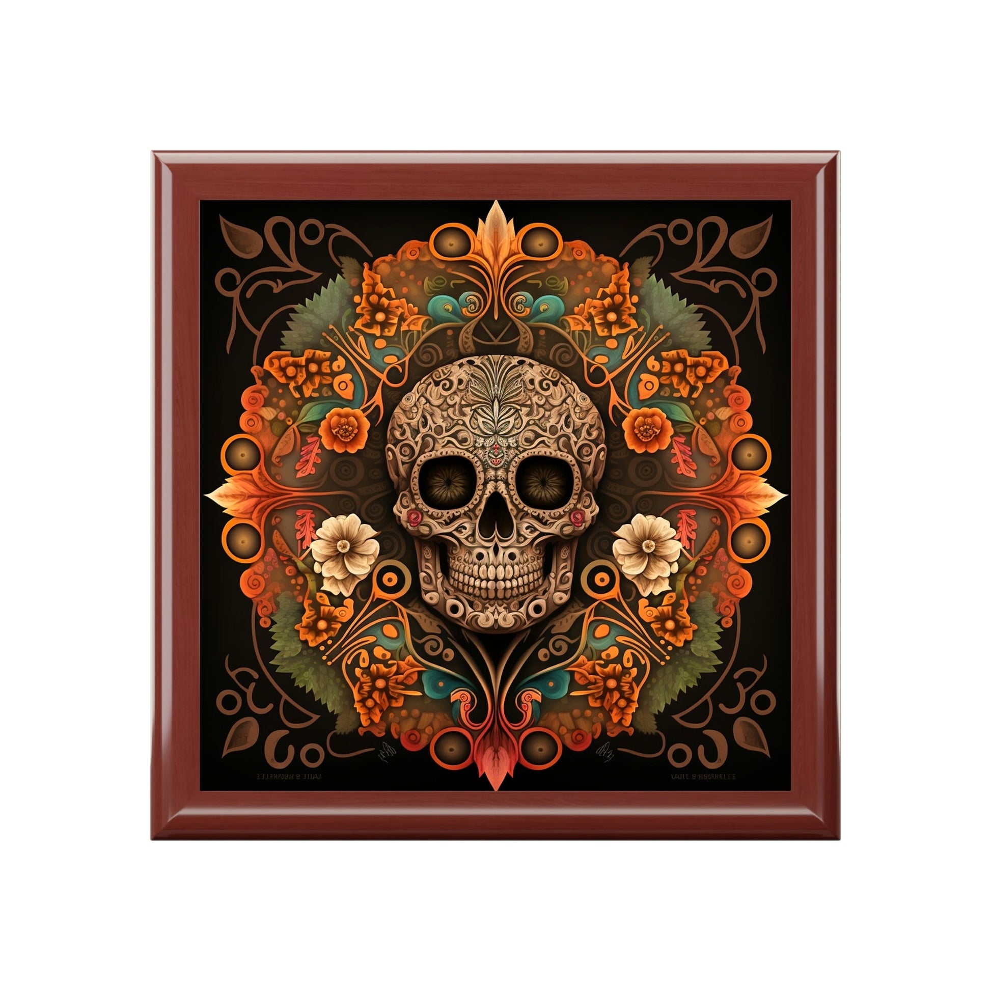 Day of the Dead Skull Mandala Wooden Keepsake Jewelry Box with Ceramic Tile Cover