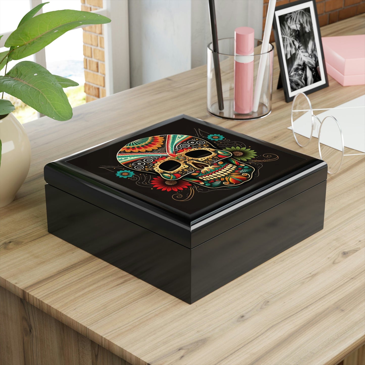 Day of the Dead Skull Wooden Keepsake Jewelry Box with Ceramic Tile Cover