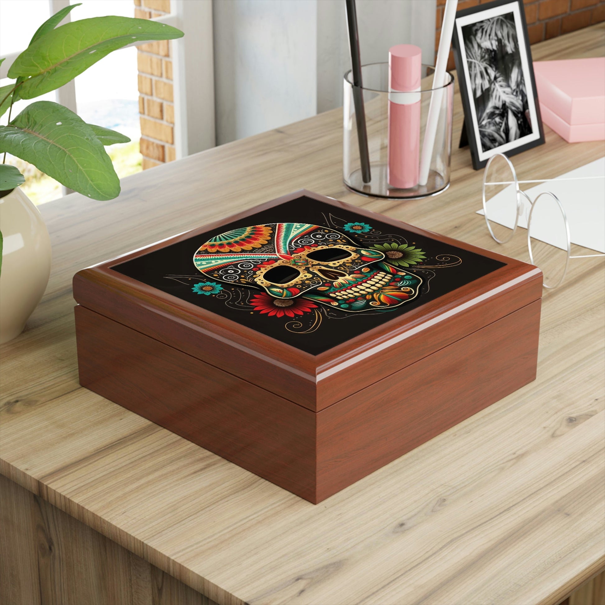 Day of the Dead Skull Wooden Keepsake Jewelry Box with Ceramic Tile Cover