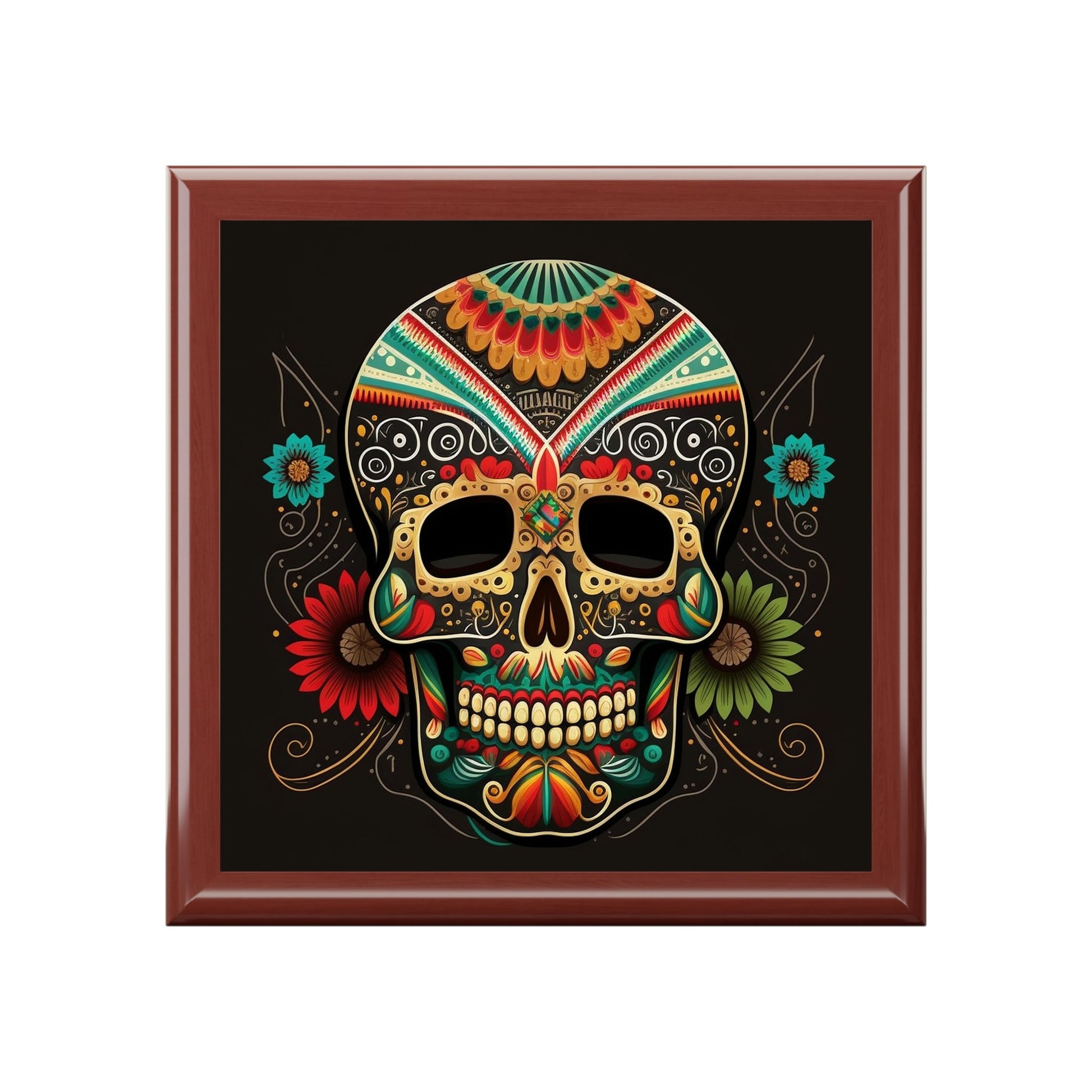 Day of the Dead Skull Wooden Keepsake Jewelry Box with Ceramic Tile Cover