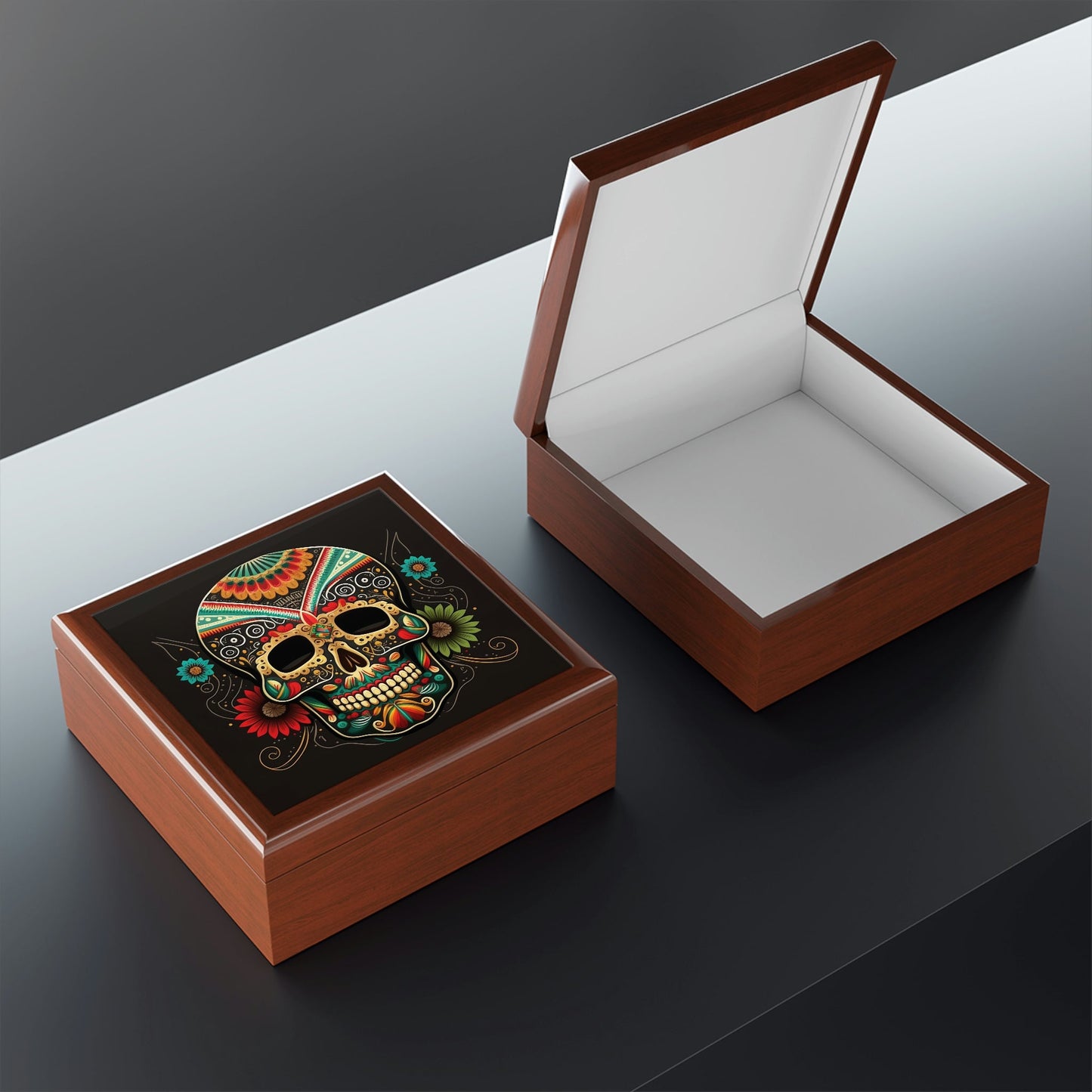 Day of the Dead Skull Wooden Keepsake Jewelry Box with Ceramic Tile Cover